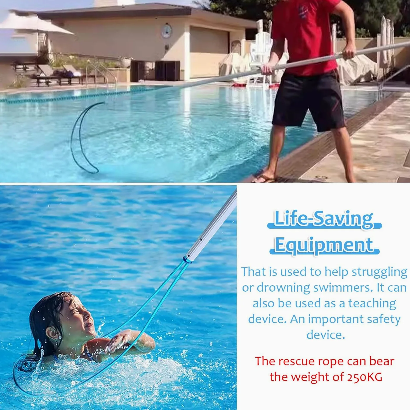 Poste de Rescate para Piscina, Poste Salvavidas de Emergencia para Piscina - Telescópico de 3 a 3,6 m, Resistente, con Gancho de Seguridad Ajustable para Adultos y niños, Equipo de Rescate m