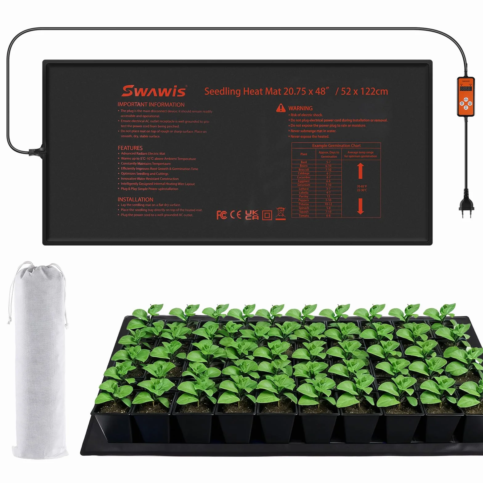 SWAWIS 130W 52.7X121.9cm Estera Calefactora para Plantas con Termostato, Rango de Control de Temperatura: 5-45 ℃, IP67, para Plántulas, Reptiles, Elaboración Casera de Cerveza(Integrado)