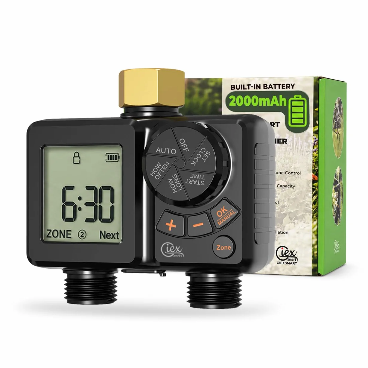 GIEX - Ordenador de riego de 2 vías, temporizador de riego recargable, 2 zonas con conexión de latón, temporizador de agua programable con IP66, retardo de lluvia y riego manual para jardín, césped