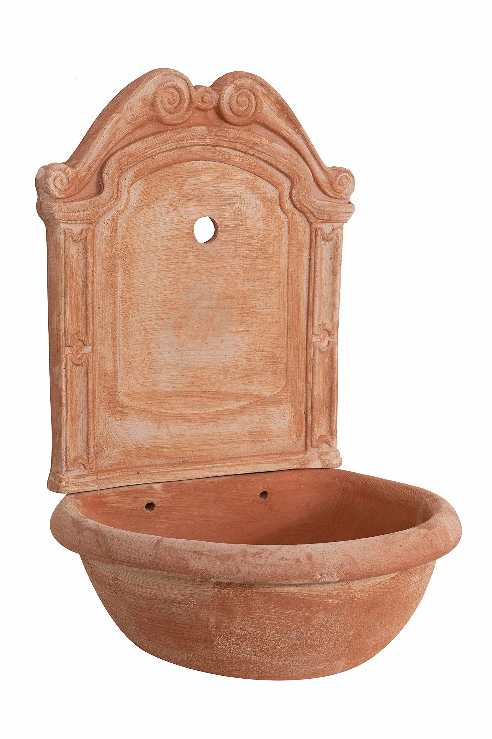 Biscottini Fuente de jardín exterior 45 x 36 x 64 cm – Fuente de pared de terracota hecha a mano – Fuente de jardín – Fuentes de pared – Lavabo decorativo de terracota con bañera y respaldo