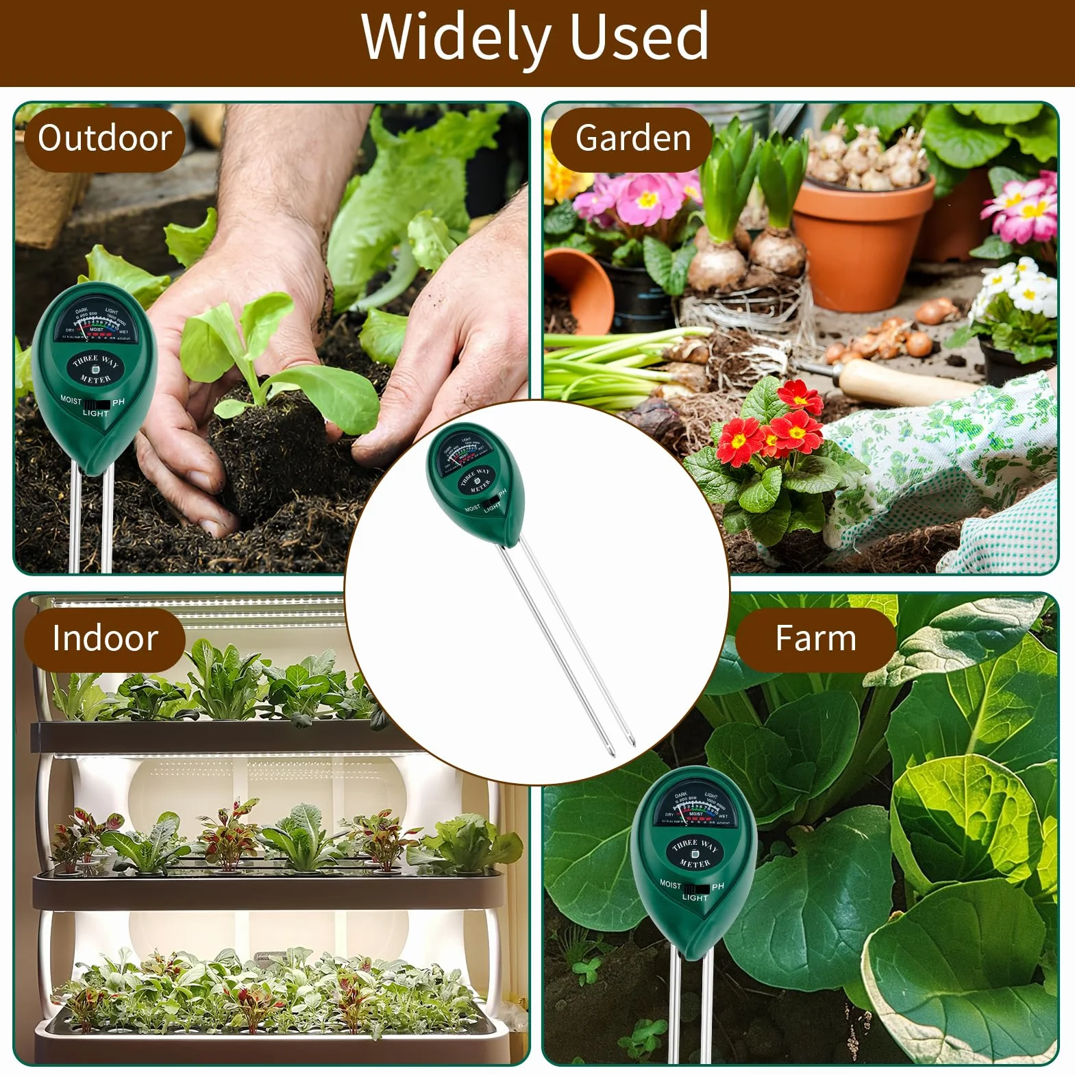 Medidor de pH 3 en 1 para medir la humedad del suelo, medidor de luz solar del suelo, indicador de riego de plantas, kit de prueba de suelo para jardín, granja, kit de prueba de suelo preciso
