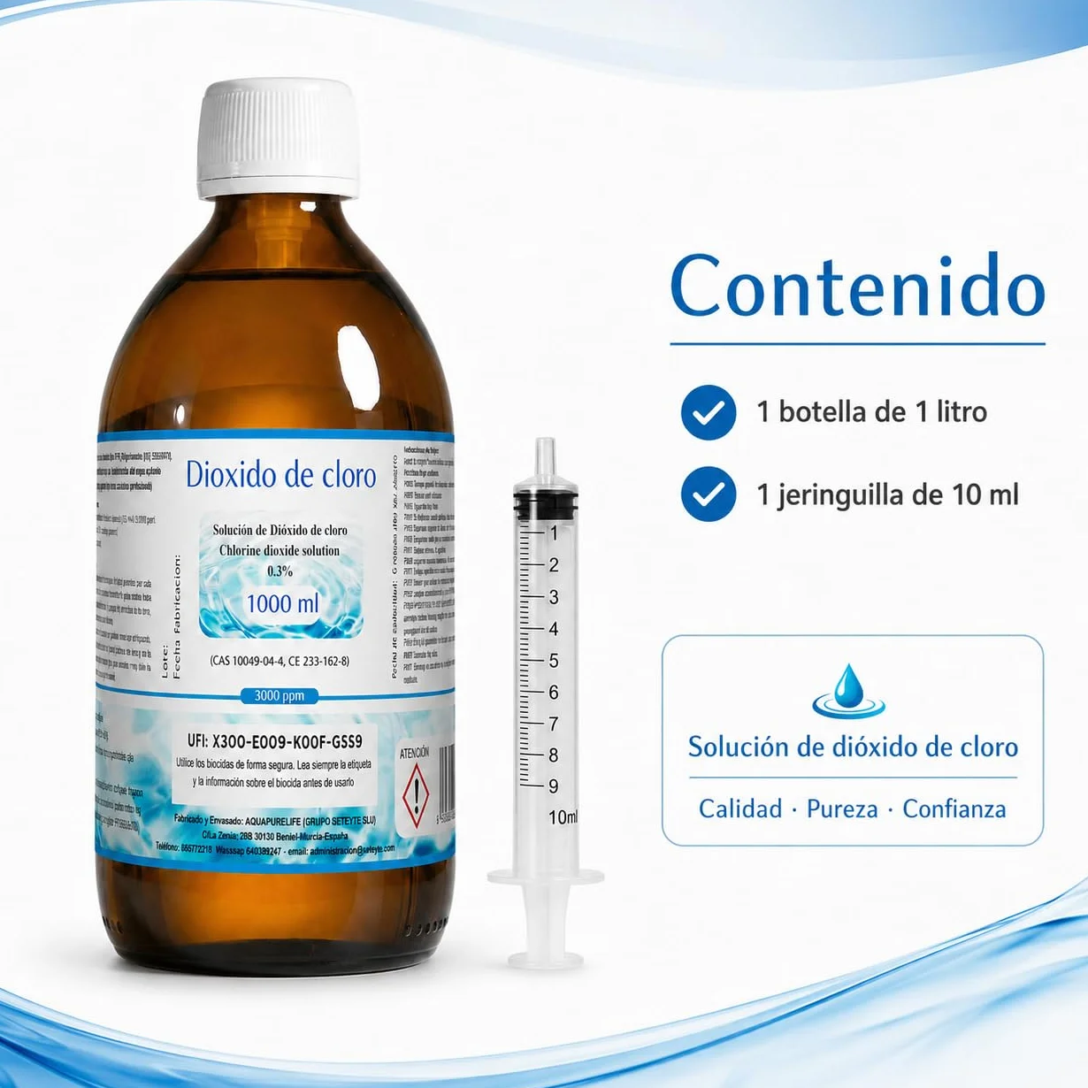 Dioxido de Cloro 3000ppm - CDS 0,3% - Envasado en Botella Cristal Ambar - Fabricado en España (1000ml)