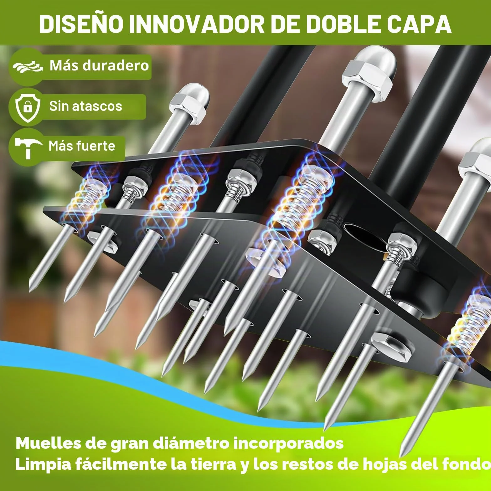 Aireador Cesped, Aireador de césped con 15 Púas de Hierro, Limpieza automática de Hojas y Suciedad, Escarificador Cesped Manual Ajustable en Altura para Cuidado del césped Patio Jardín