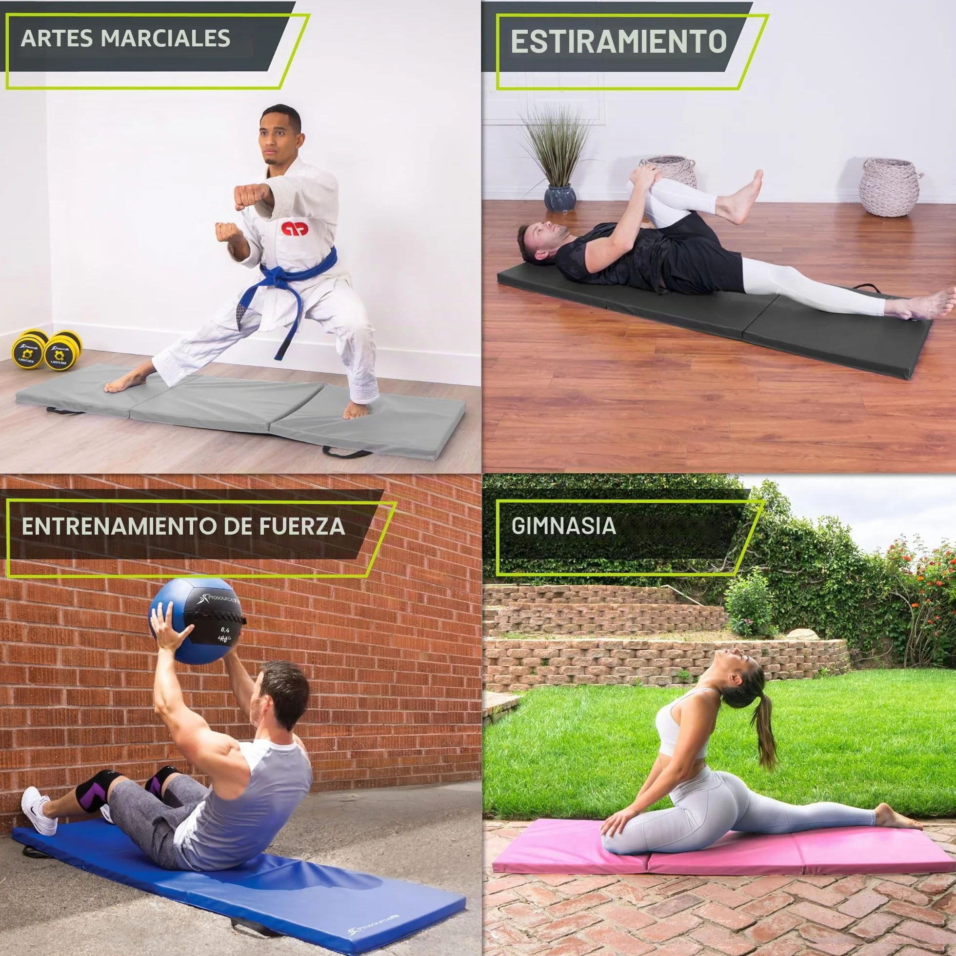 Esterilla de ejercicio plegable de tres pliegues 6x2 pies Prosource Fit con asas de transporte para artes marciales