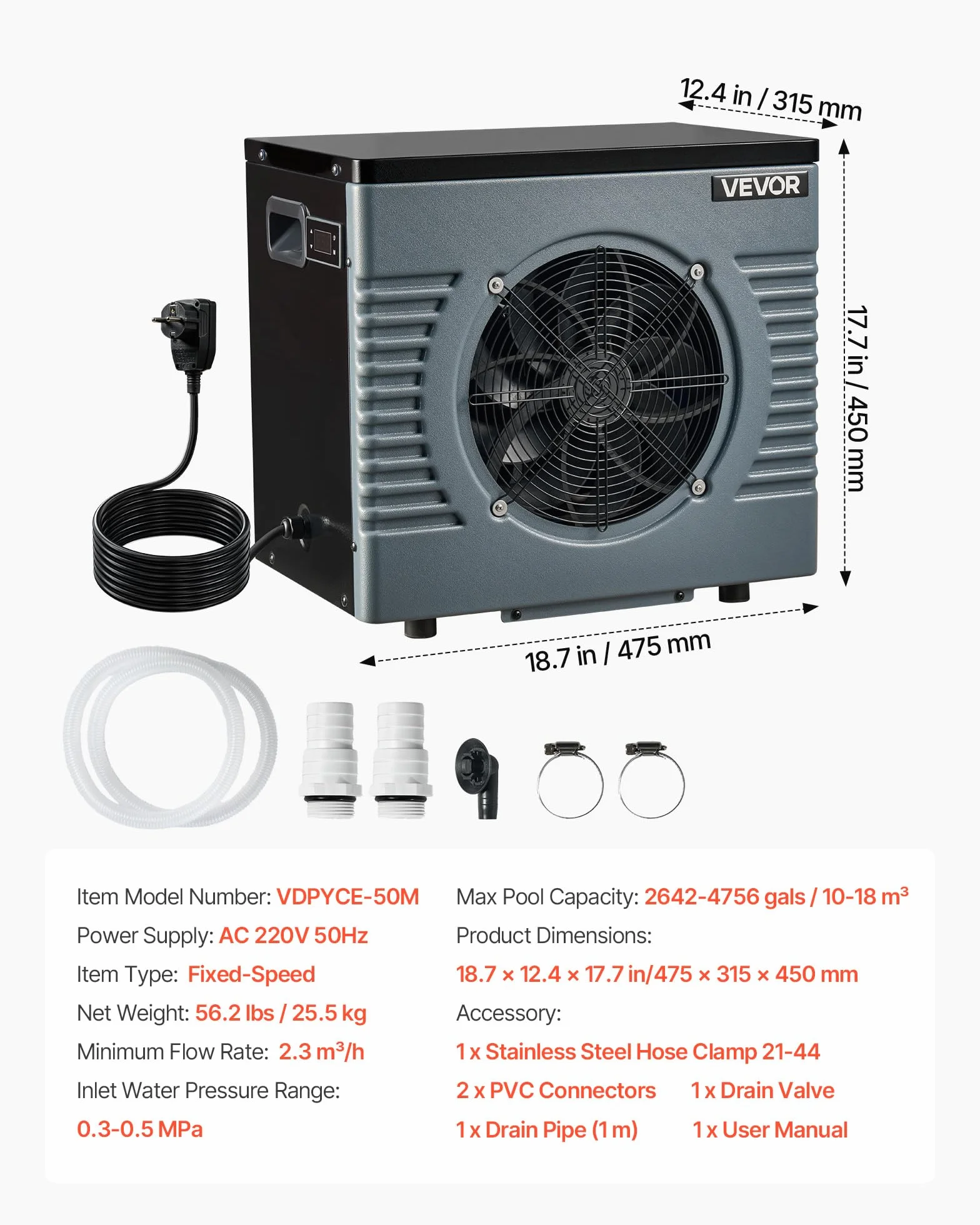 VEVOR Bomba de Calor para Piscina Elevada 4,92 kW 2,3 GPM 0,3-0,5 MPa, Calentador Eléctrico de Piscina de 10 a 18 m³, Bajo Nivel de Ruido, Temperatura de Calentamiento de 15 a 40 °C, para Natación