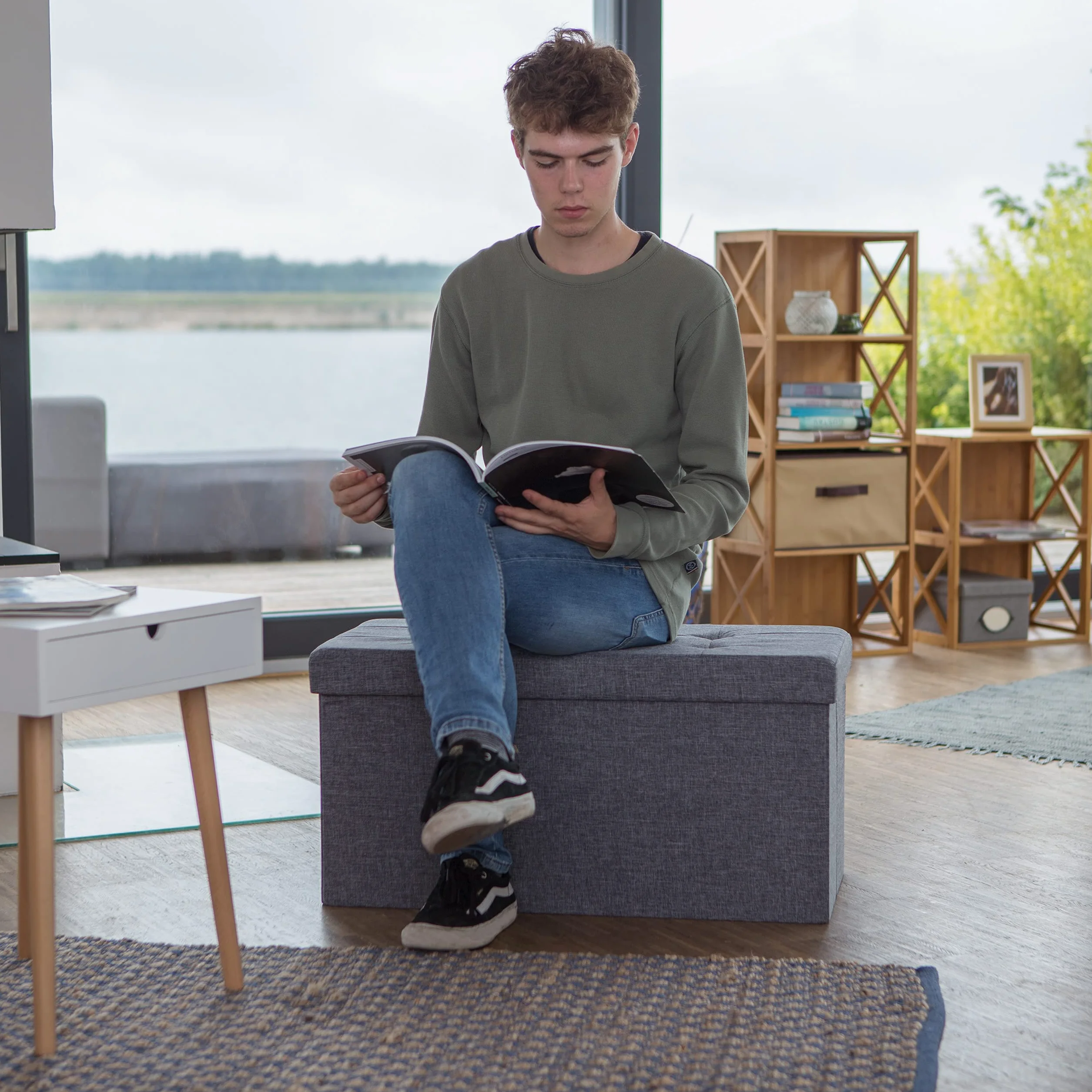 Relaxdays Banco otomano Plegable XL, Resistente, Taburete Plegable con Tapa extraíble, 38 x 76 x 38 cm, Gris Oscuro
