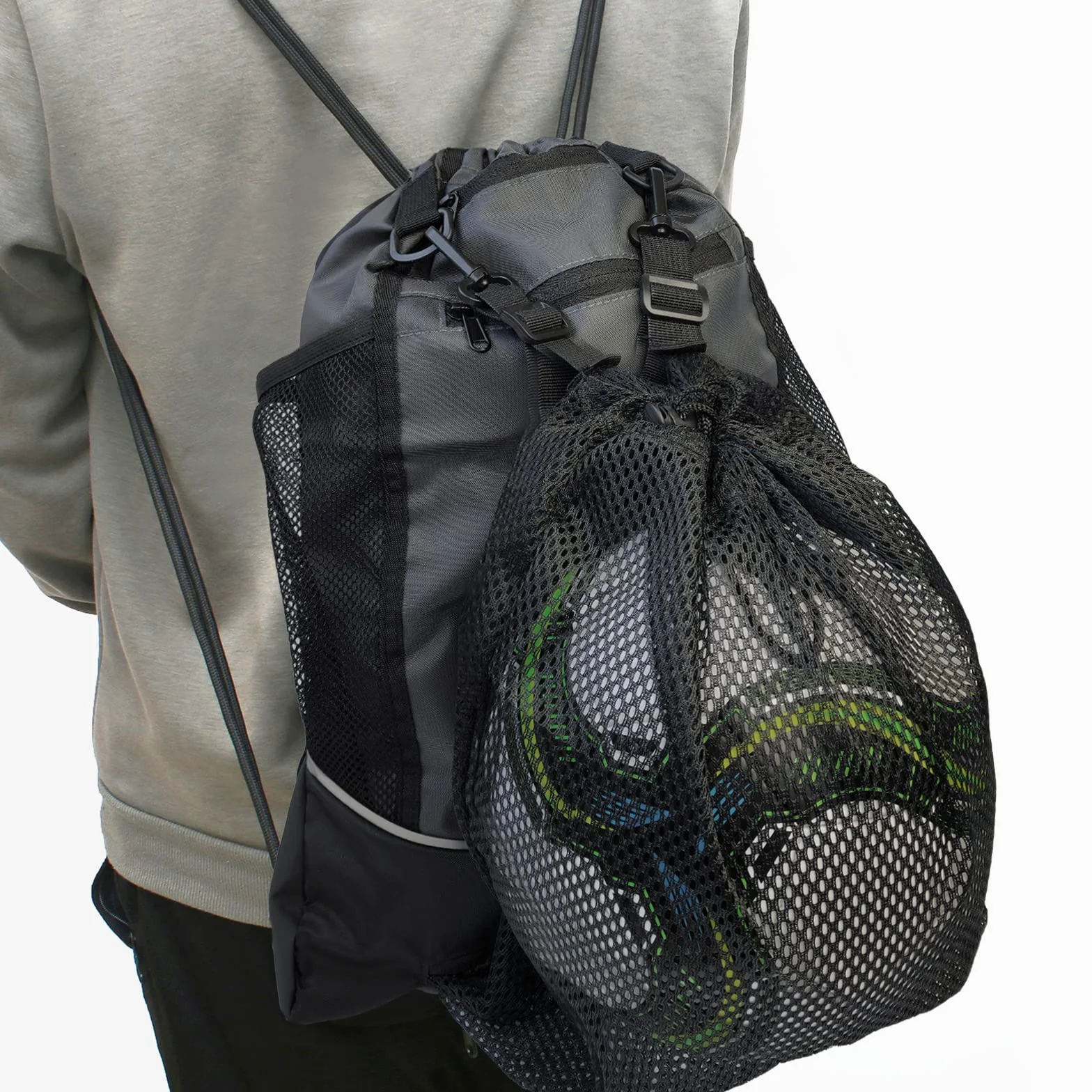 Mochila para Pelotas de Baloncesto, Cuerdas Deportiva, Incluye Inflador Portátil Negro