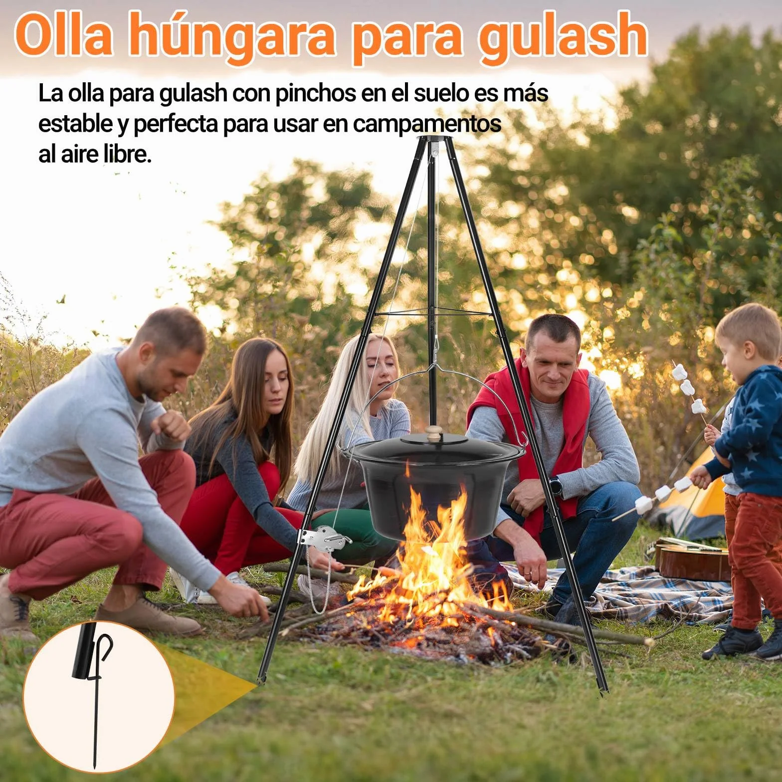 Hervidor para Goulash de 30L con Trípode y Cuchara, Hervidor para Gulash Original Húngaro, Olla para Gulash Esmaltada, con Cadena de Altura Ajustable, Juego de Olla para Gulash, para 25-30 Personas