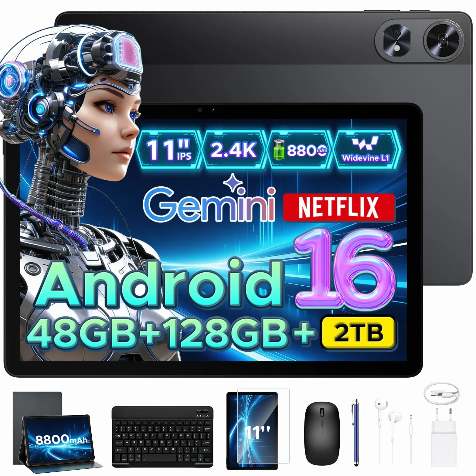 P11 Pro Tablet Android 16 2.4K 90Hz 11 Pulgadas Gemini AI 48GB RAM 128GB ROM T7250 Octa-Core 13MP 5MP 8800mAh 5G WiFi Negro