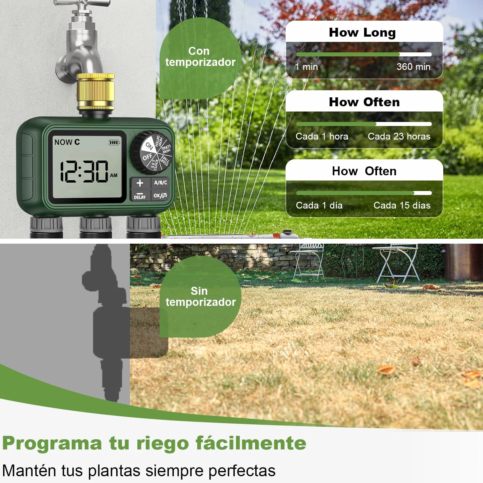 Programador Riego 3 Salidas con Entrada de Latón, Pantalla LCD Grande, Temporizador de Riego Automatico con Retraso por Lluvia, Riego Automático/Manual, Programador de Riego para Jardín Césped