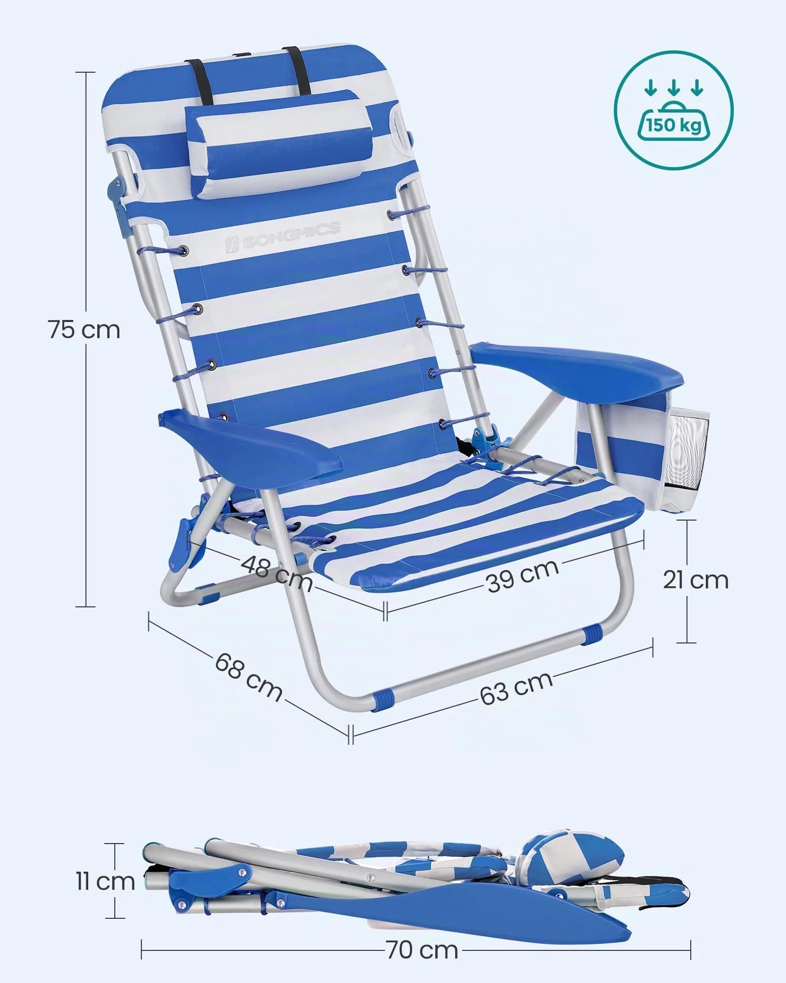 SONGMICS - Silla de Playa, Silla Plegable para Camping, con Correa, Respaldo Ajustable, reposacabezas, apoyabrazos, 2 Fundas Laterales, Azul y Blanco GCB62BU