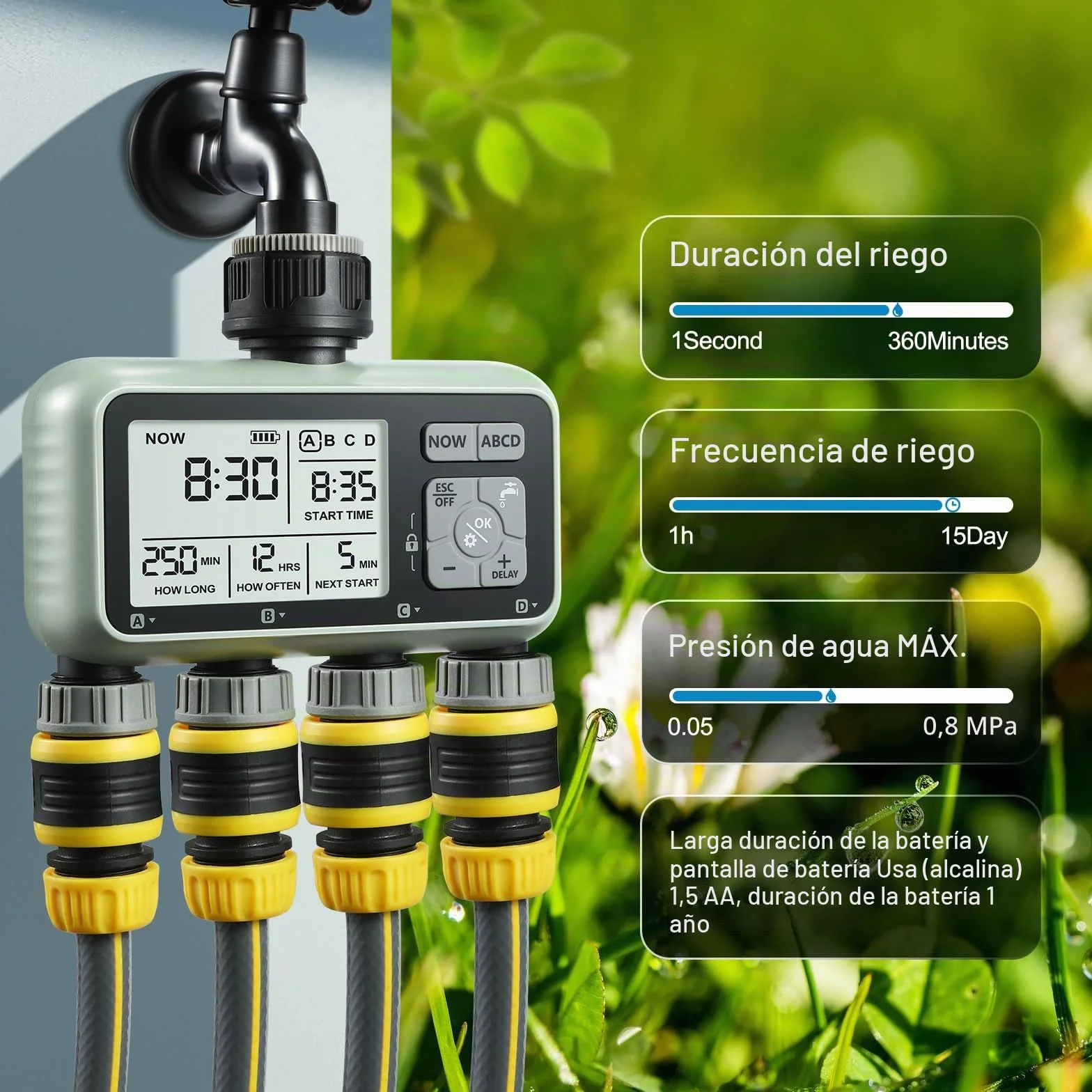 CROSOFMI Programador Riego Automatico Jardin Temporizador Riego con 4 Salidas Independientes Pantalla LCD/Operación fácil/Bloqueo para niños/Retraso por Lluvia intensa/Riego Manual