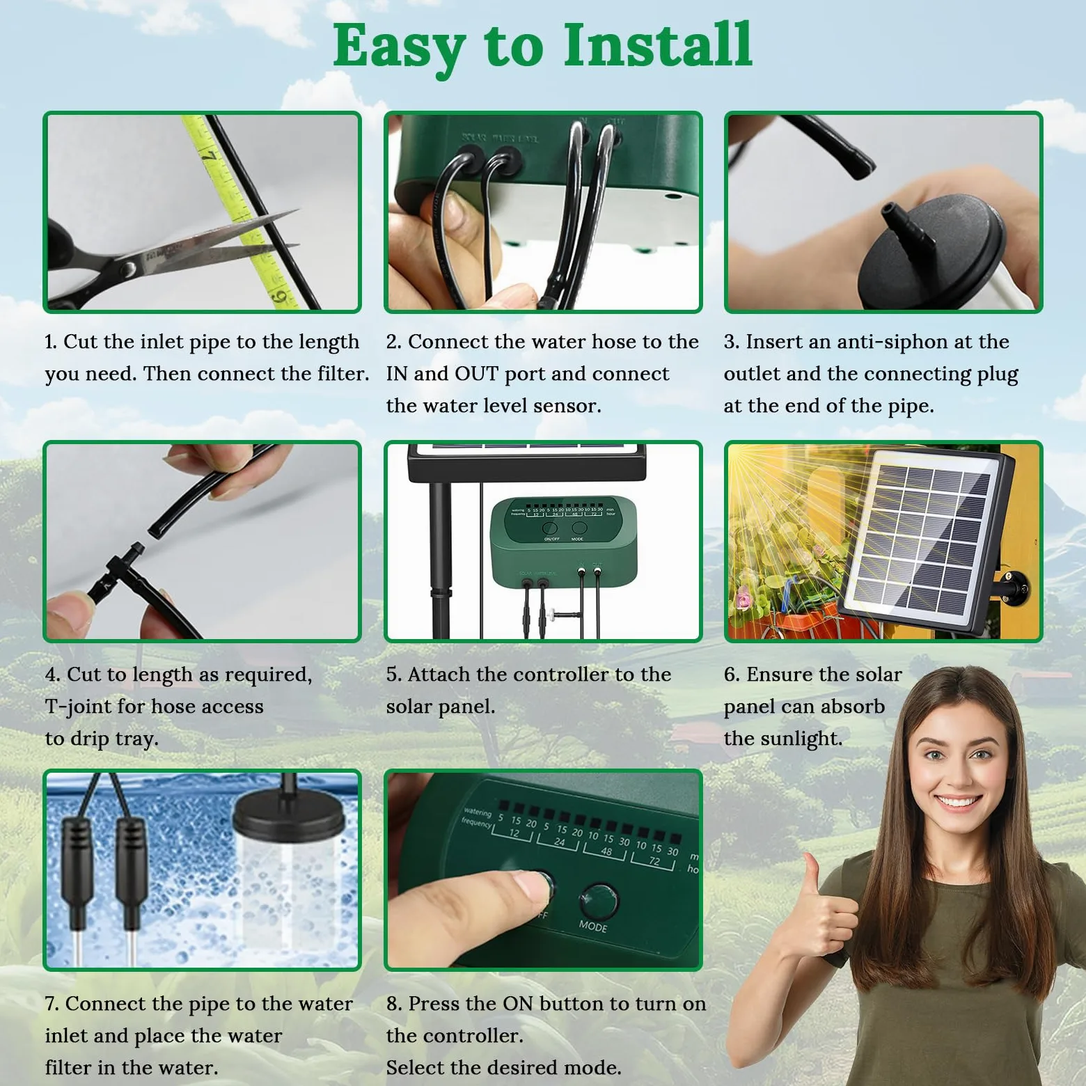 SoulBay Kit de Riego Automático Solar con Temporizador de 12 Modos y Tubo de 150 cm para Plantas en Macetas de Jardín, Interiores y Exteriores