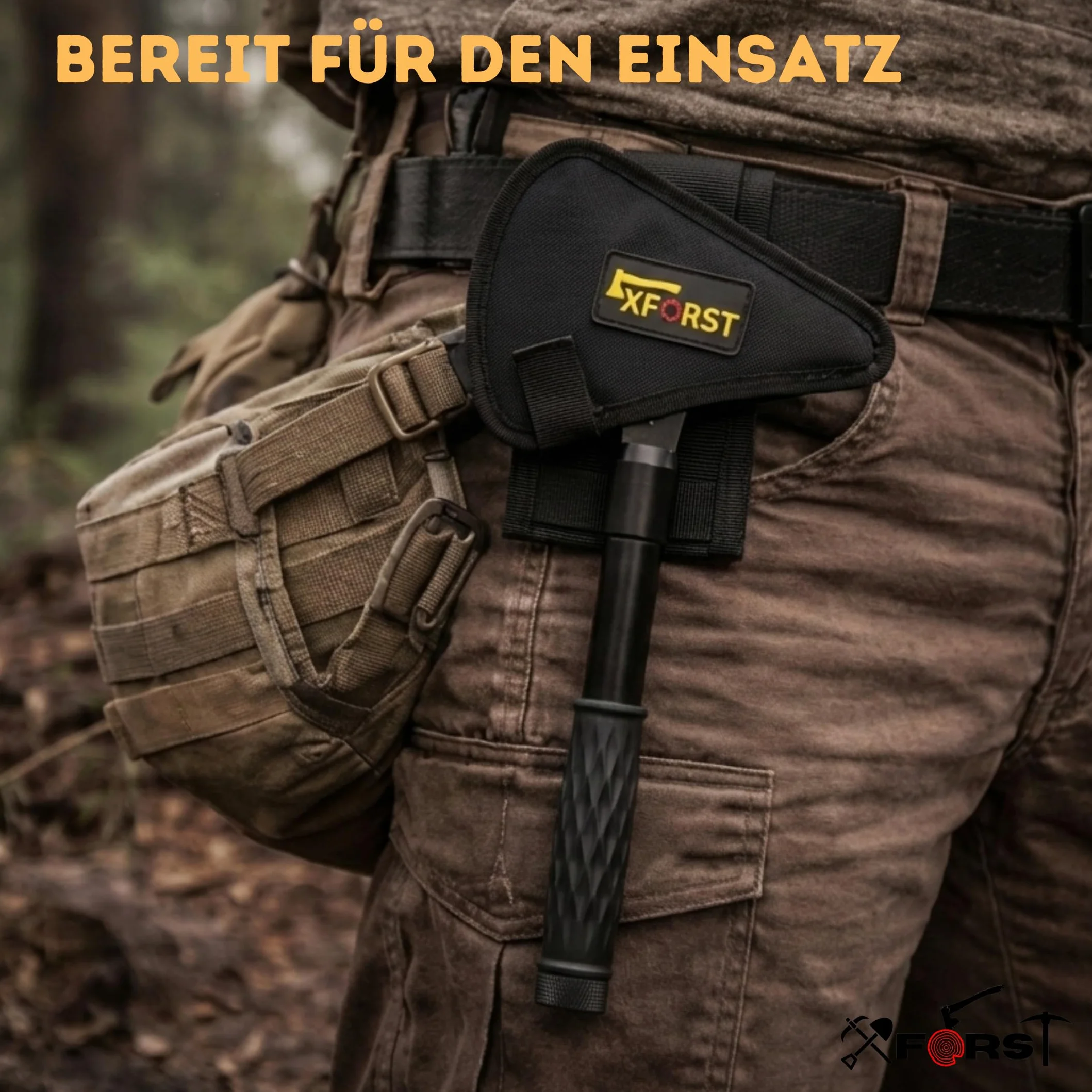 Xforst Hacha de Supervivencia Compacta para Camping, Bushcraft y Exterior, Hoja de Acero al Carbono, Mango Antideslizante con Compartimento, Funda Protectora Incluida, 32 cm y 615 g, X-TM1