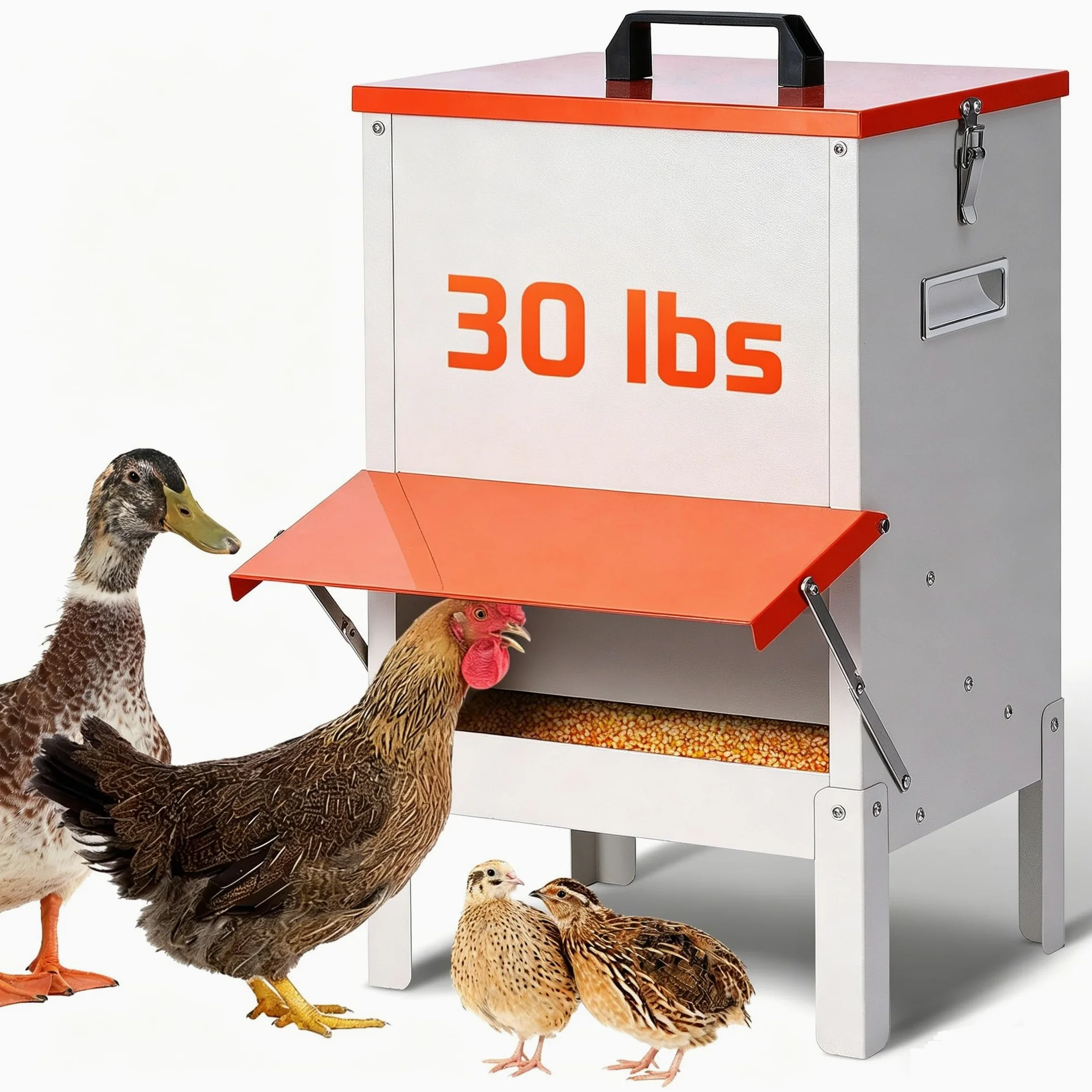 Comedero automático de 50 libras para pollos y patos, comedero grande para pollos, patos, gansos, palomas, perros, peces, gatos (naranja)