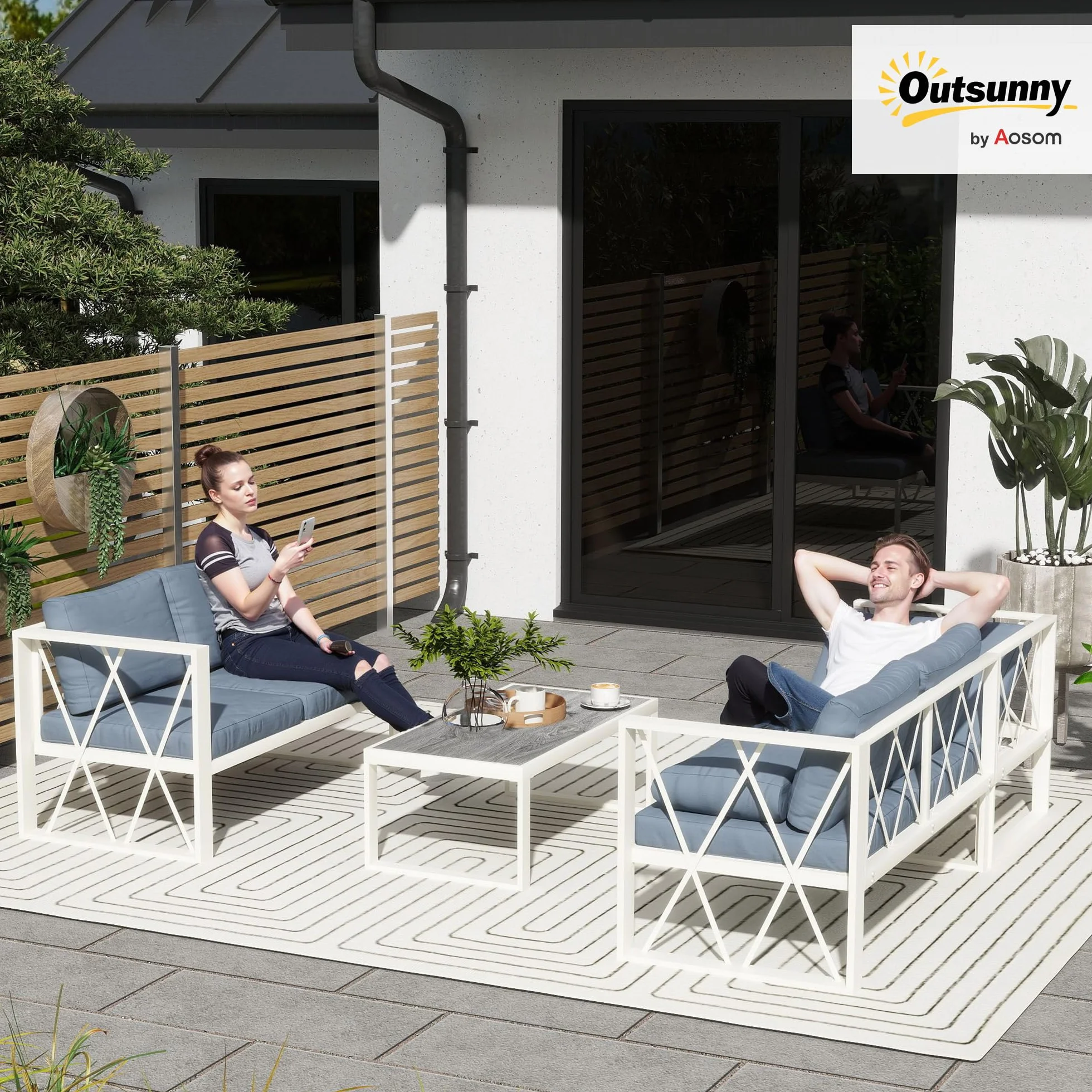 Outsunny Conjunto de Muebles Jardín Exterior de 4 Piezas Sofá Exterior Seccional Forma de L con 2 Sofás de 2 Plazas Sofá de Esquina con Asiento Ajustable y Mesa Centro de DPC con Cojines Beige y Gris