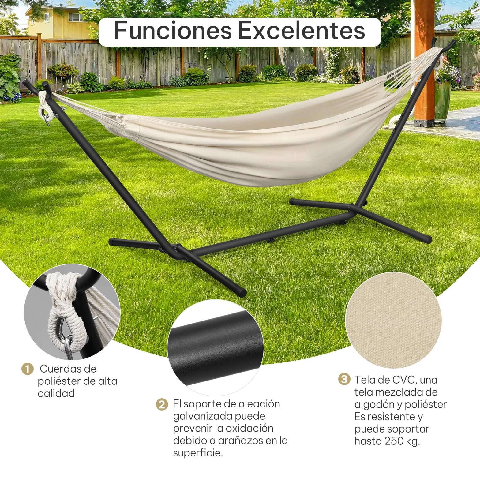 Laneetal Hamaca Jardín Tumbonas, Hamaca para 2 Personas con Soporte Metálico, Capacidad 250 kg, con Bolsa de Transporte, para Terraza, Jardín y Piscina, 280x106x100 cm (Beige, 280x106x100 cm)