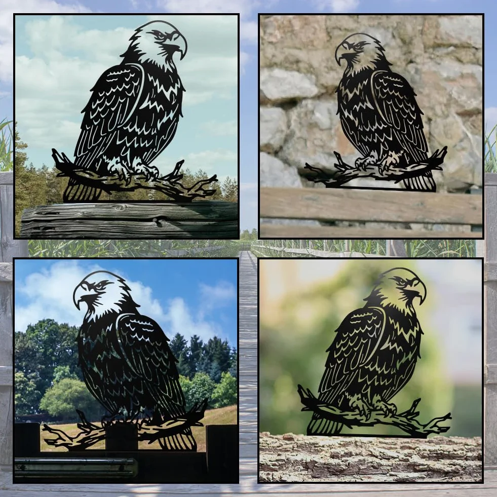 WADORN Águila metal jardín patio decoración arte pájaro sobre rama hierro decorativo jardín estacas animales salvajes silueta negra decoración de valla al aire libre para árbol adornos de pared patio