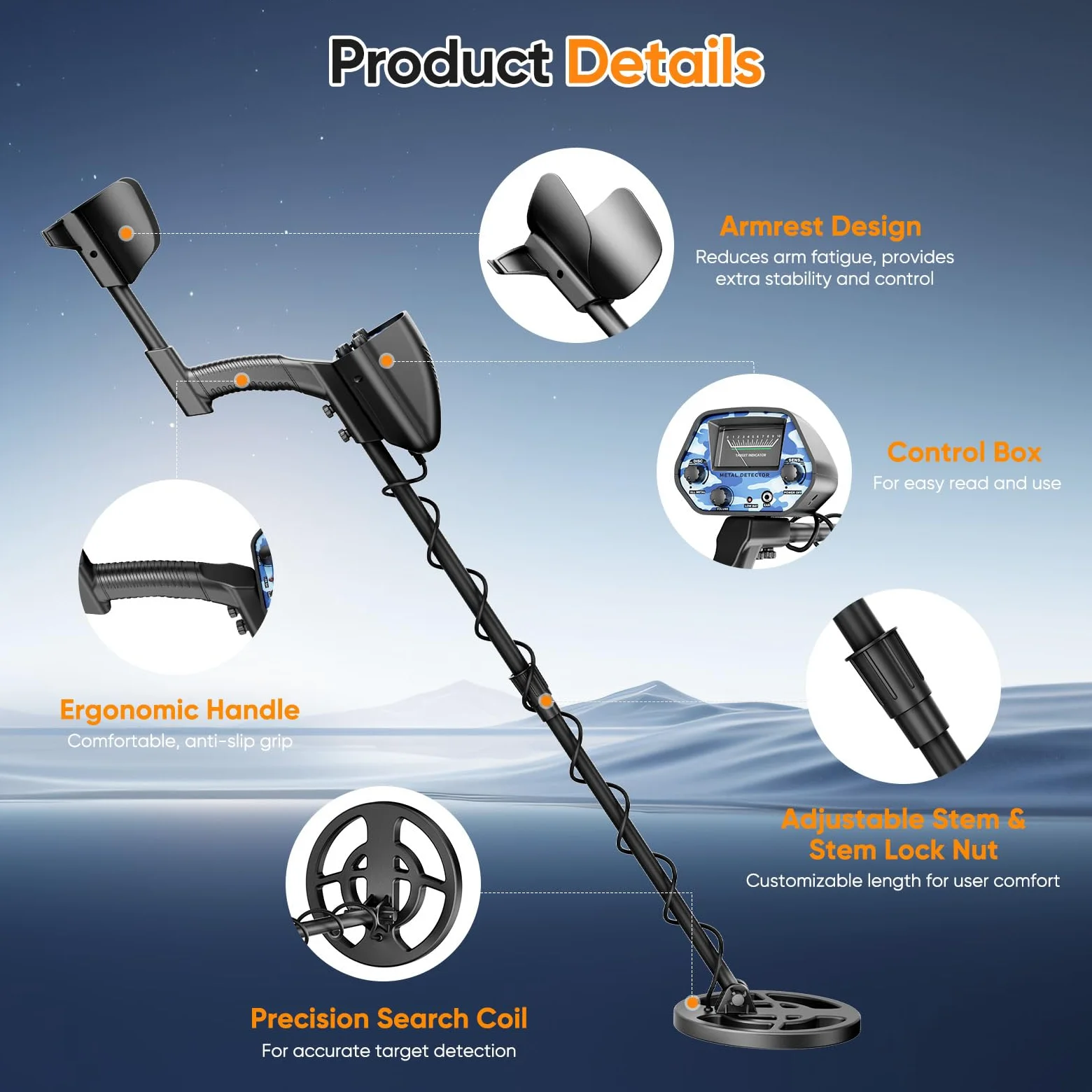 Detector de metales para adultos y niños, bobina impermeable IP68, detector de oro ajustable en altura 94-122cm, profundidad 18cm, diseño ligero para oro, monedas, búsqueda en playa(Azul-Negro (Juego)