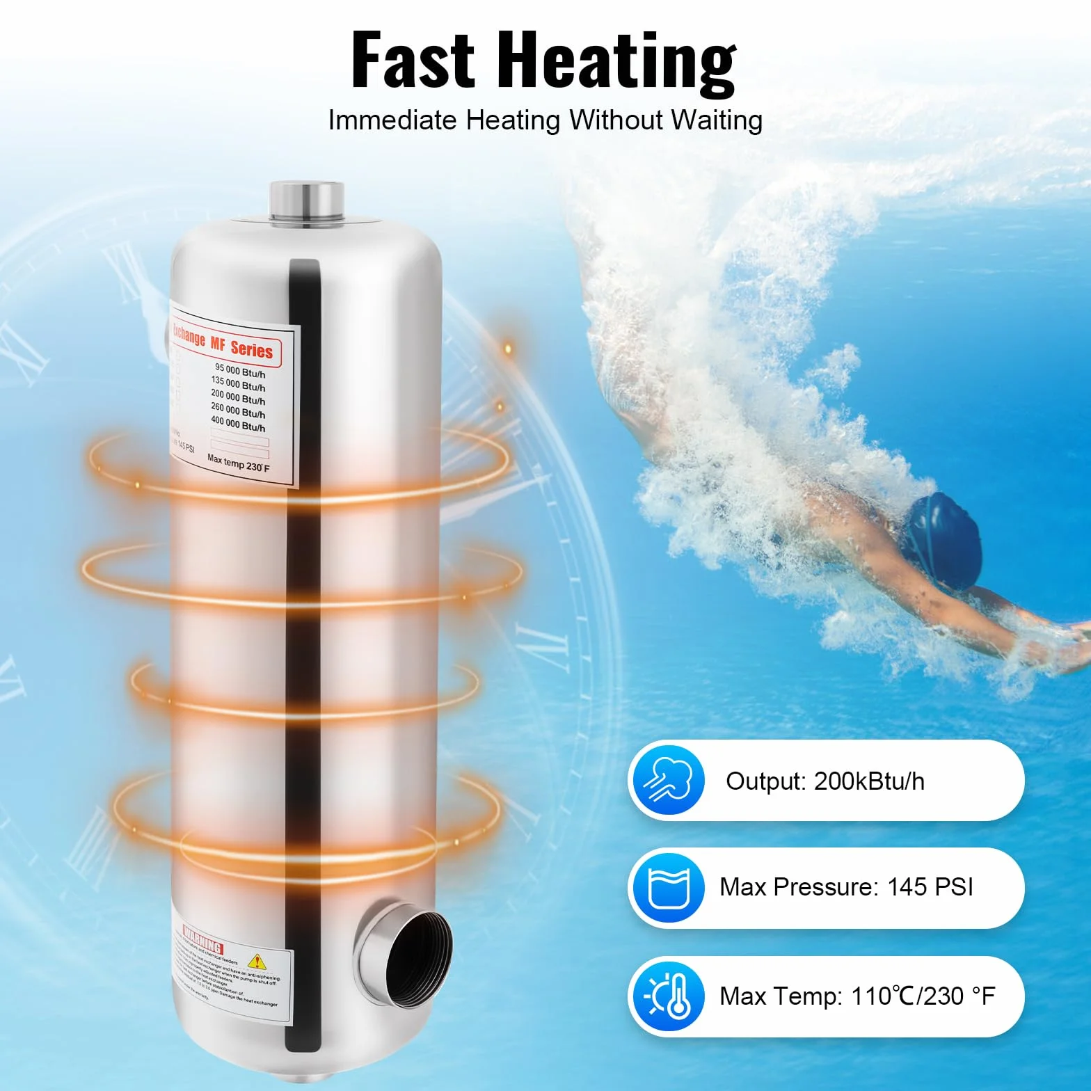 Intercambiador de calor de piscina de 60 kW, bomba de calor de acero inoxidable y resistencia al agua salada con flujo de agua de piscina de 250 l/min y flujo de agua caliente de 30 l/min,