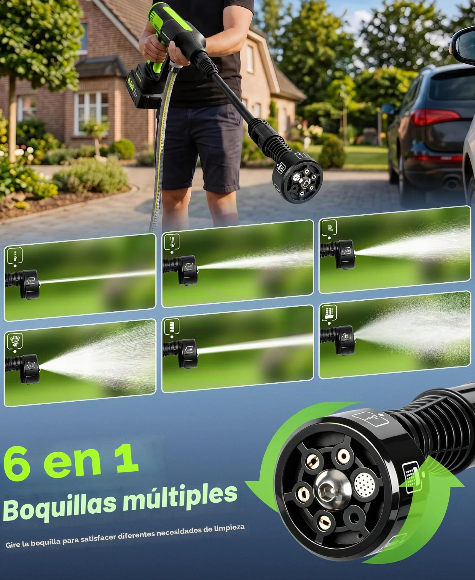 Hidrolimpiadora Bateria de Alta Presion,Sin Cepillo Hidrolimpiadora Portati | 50Bar Pistola de Agua a Presión con 4 Niveles Potencia & Pantalla LCD, Boquilla Ajustable 6 en 1 Hidrolimpiadora Bateria