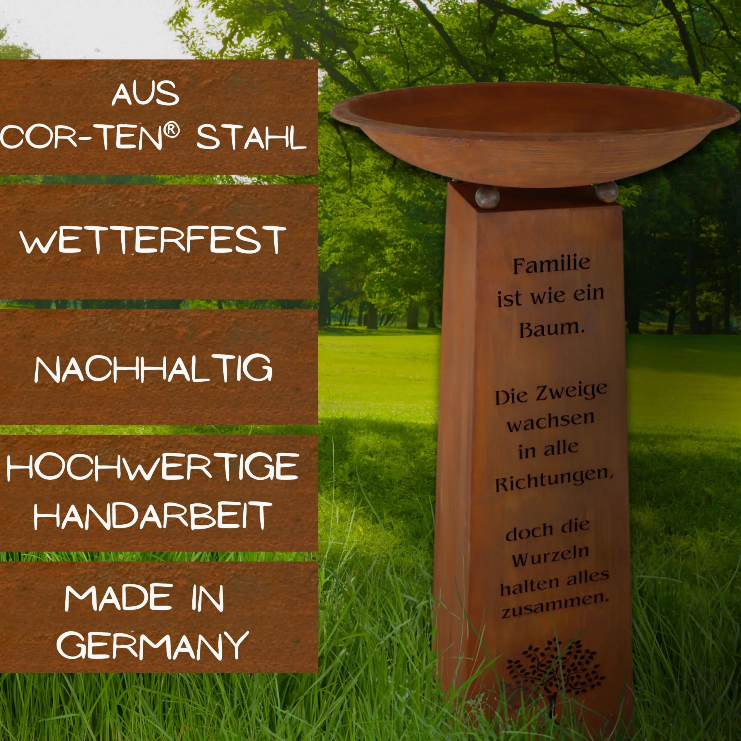 Rostikal Patina Columna con Familias Dicho y Cuenco Decorativo Decoración para Casa y Jardín Columna 1m - Cuenco 60cm Redondo, 60 cm rund