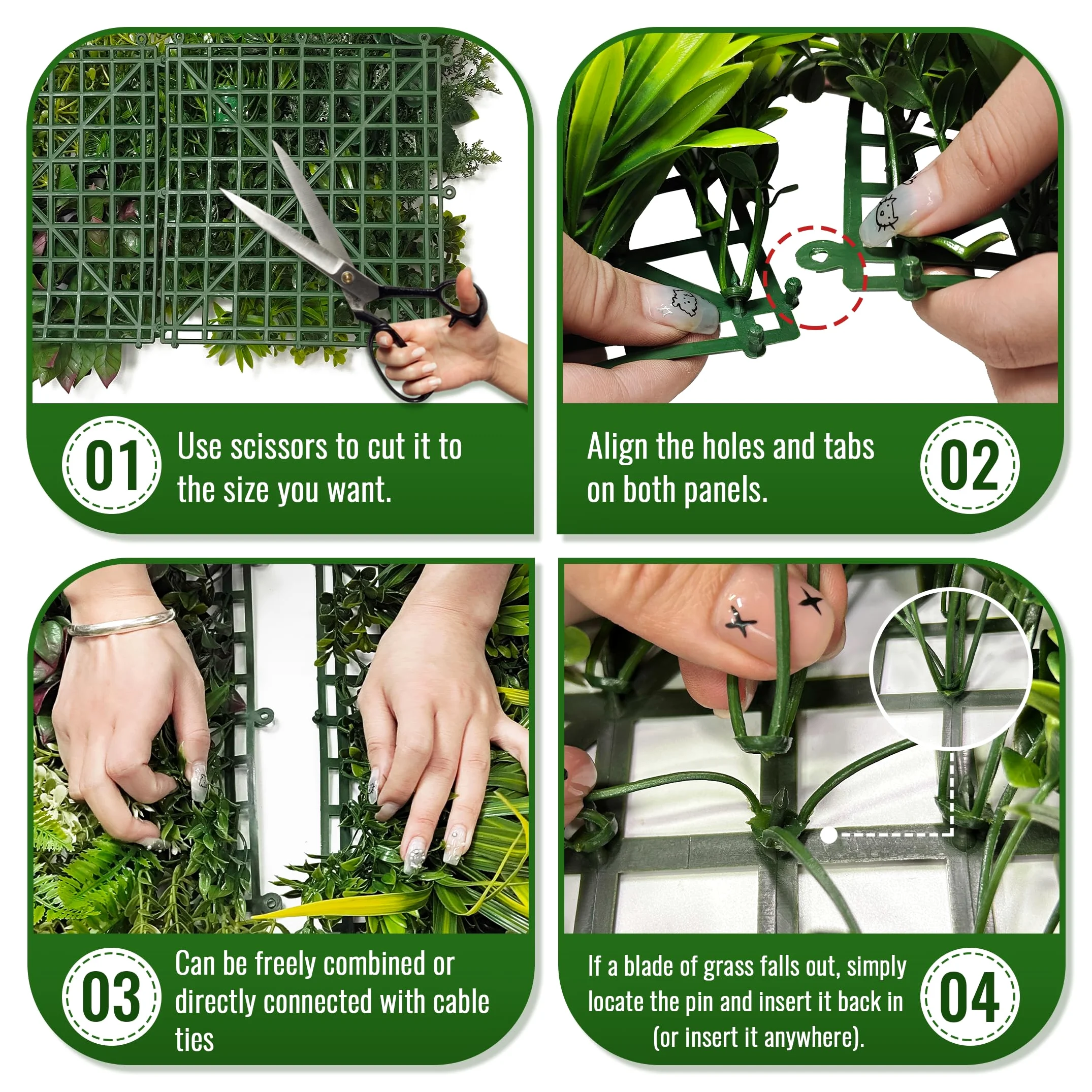 ODTORY Paneles de pared para plantas, 40 x 20 pulgadas, telón de fondo de pared de césped artificial, pantalla de privacidad con protección UV, pantalla de valla de seto de hojas verdes falsas para