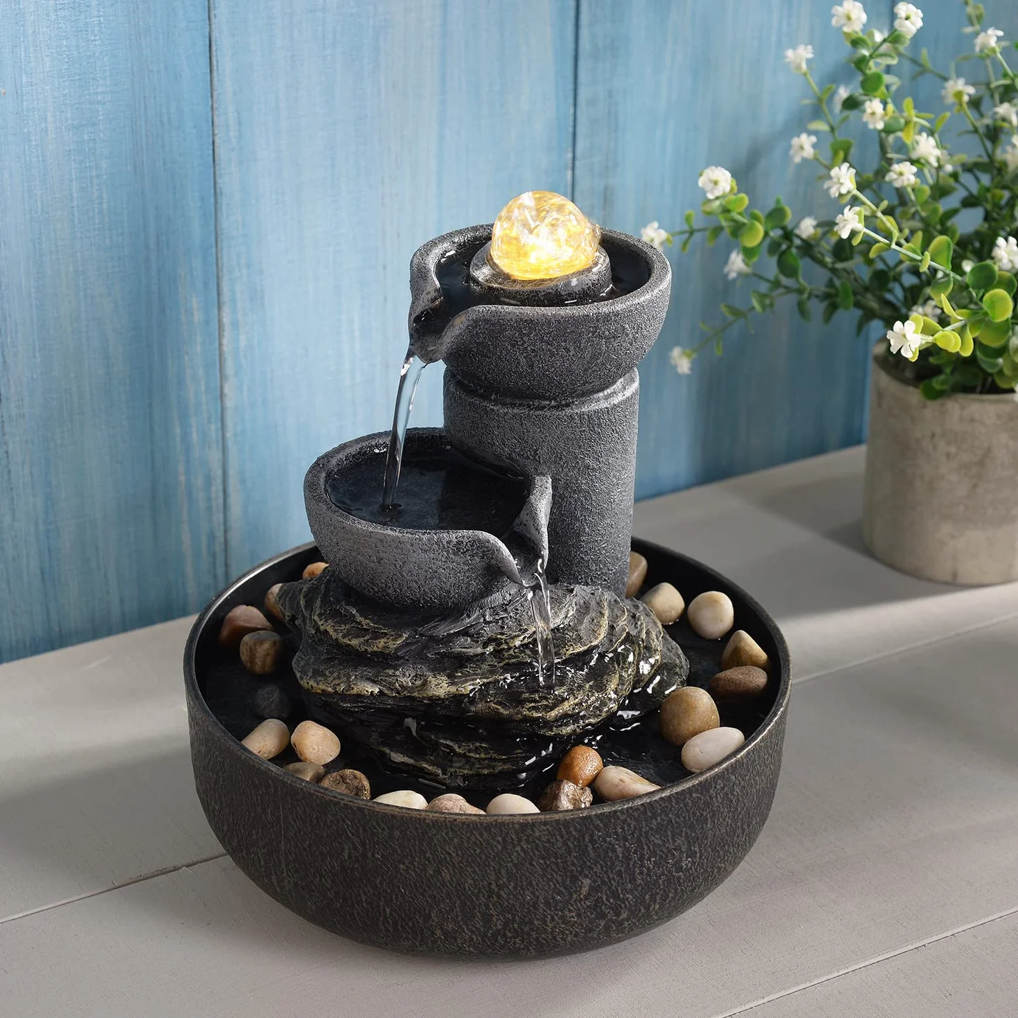 Fuente de la habitación, cascada de agua 2 etapas, meditación, decorativa con LED/adoquines, bolas de vidrio, sonidos relajantes para oficina y hogar (21098)