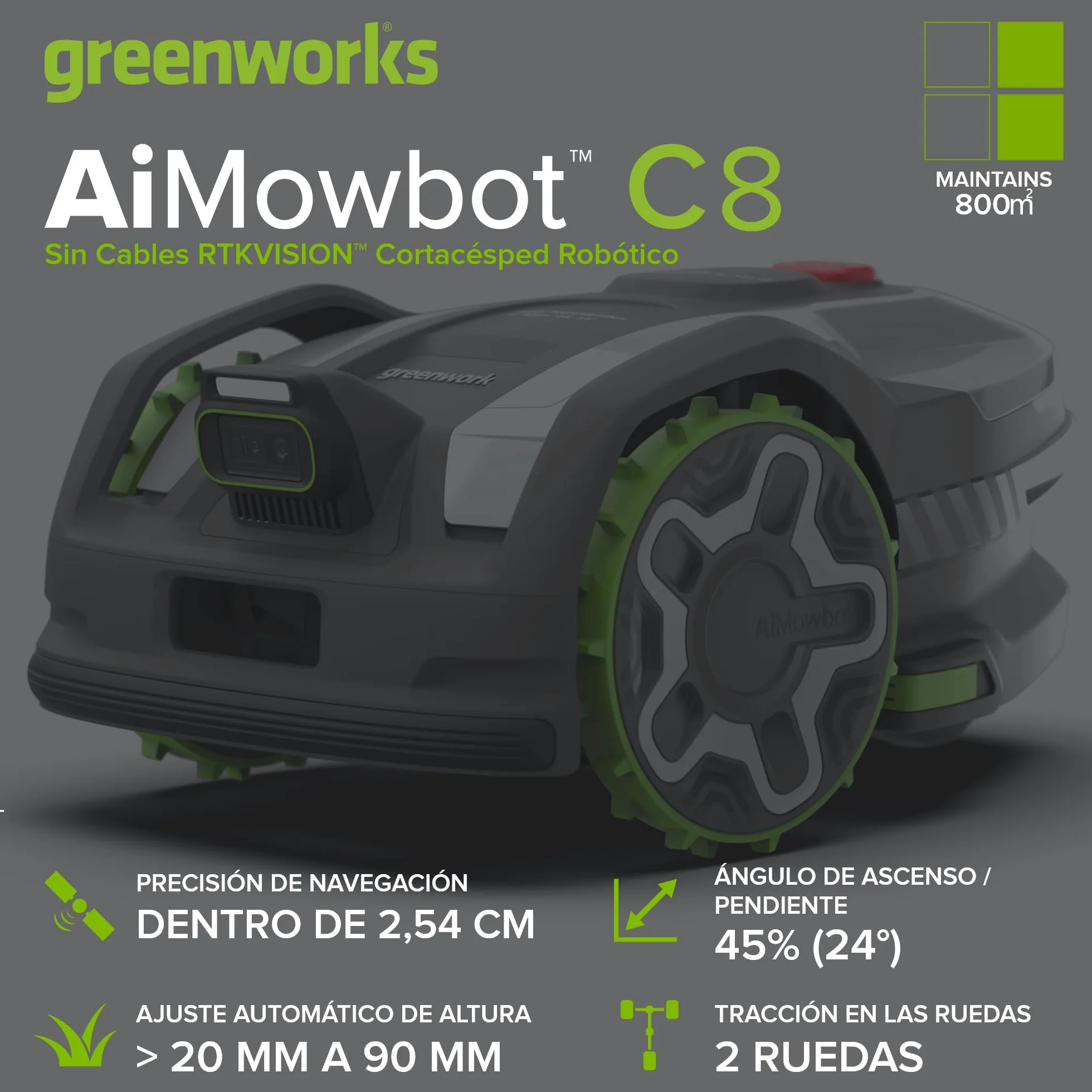 Greenworks C8 Vision+RTK – Cortacésped Robot sin Cable hasta 800 m², Mapeo Automático, Detección de Obstáculos 3D-ToF (Día y Noche), Gestión Multi-Zona Vía App, Garantía del Fabricante 3 Años