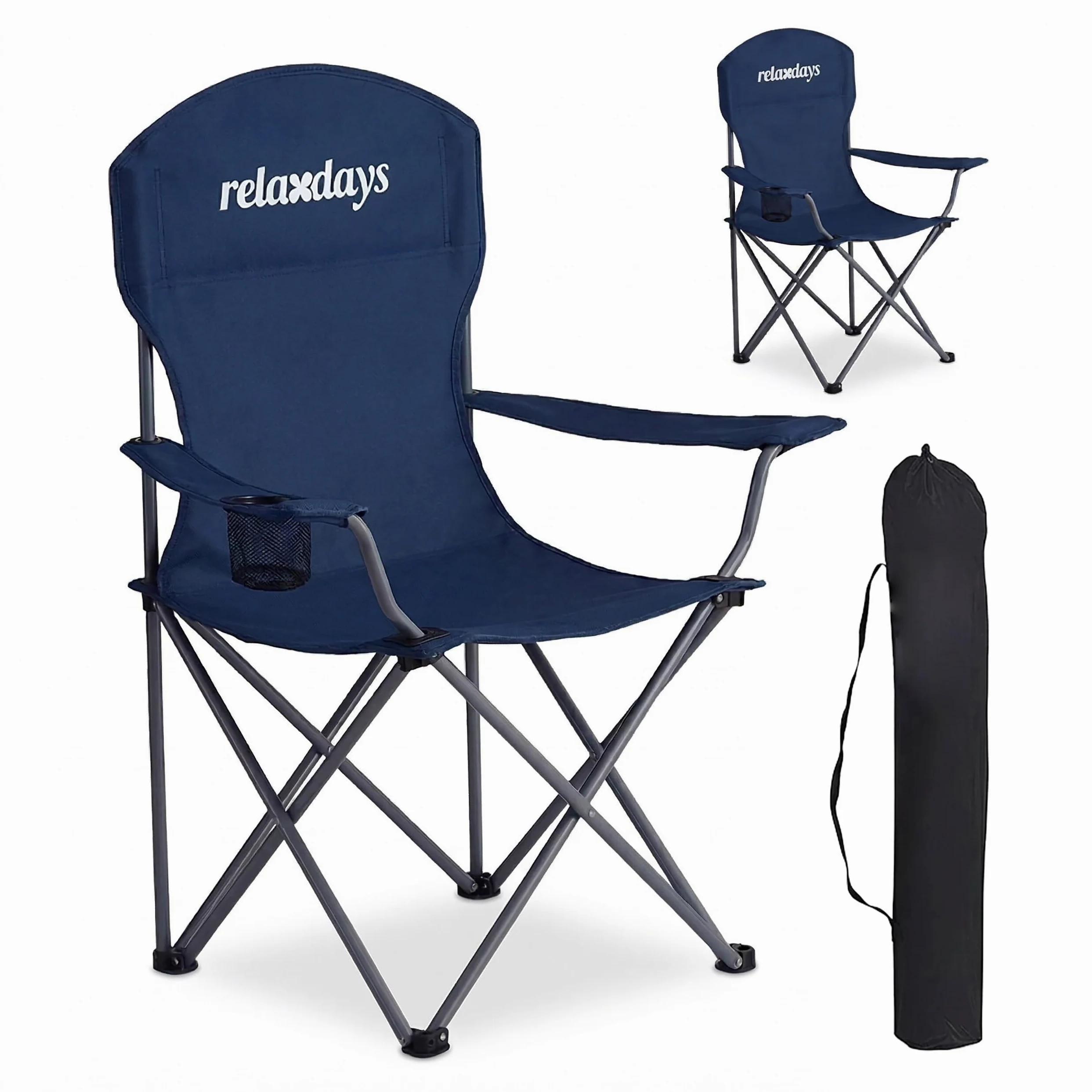 Sillas de Camping Relaxdays, Pack de 2, Plegables, Bolsa de Transporte, portavasos, 150 kg, poliéster, Metal, Azul