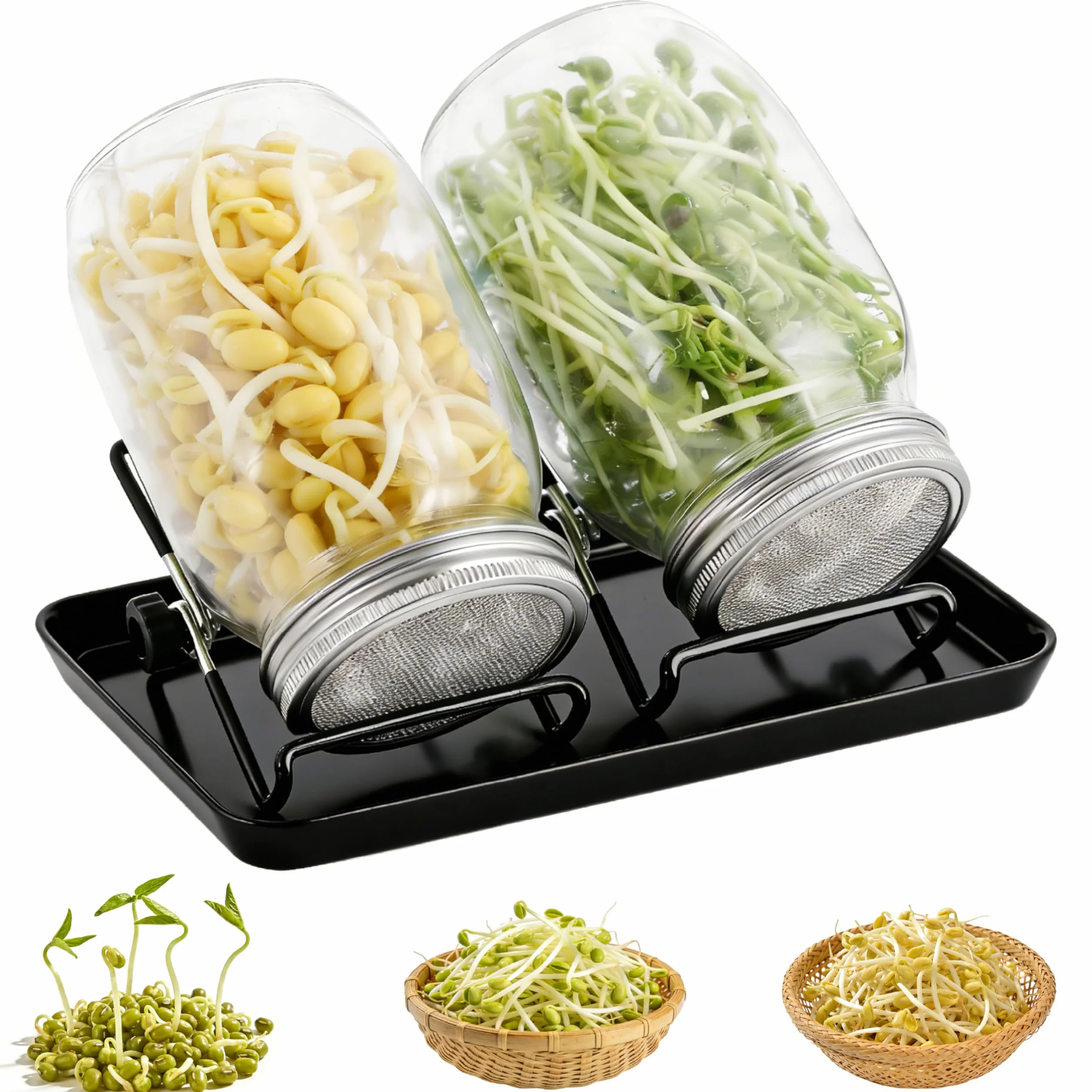 Juego de 2 vasos de brotes de 1000 ml, acero inoxidable 304, tapa coladora y cuenco, brócoli, berros y demás para extraer tú mismo, respetuoso con el medio ambiente para una germinación