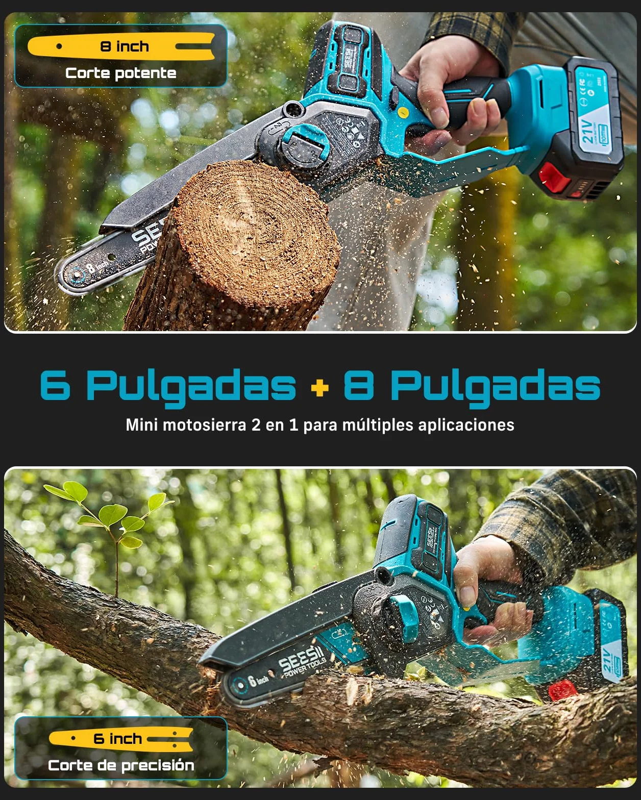 SEESII 6 & 8 Pulgadas Motosierra Bateria, 1000W Brushless, Mini Motosierra con 2*4000mAh Batería, Sierra Eléctrica para Podar con Lubricación Automática, Motosierras Pequeñas Árboles y Cortar Madera