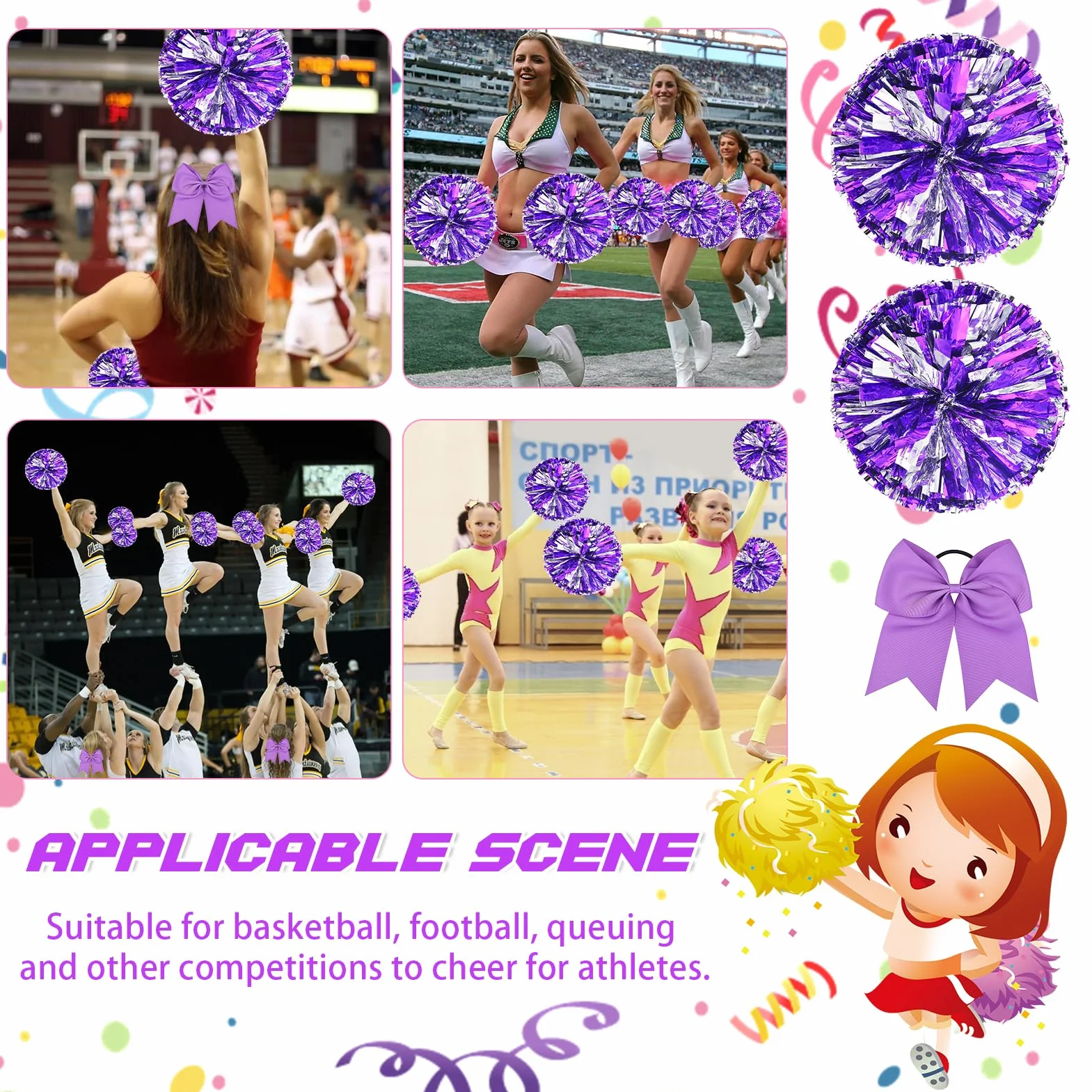Pompones de Animadora Morado 3 Piezas Meanju para Deportes Fiestas