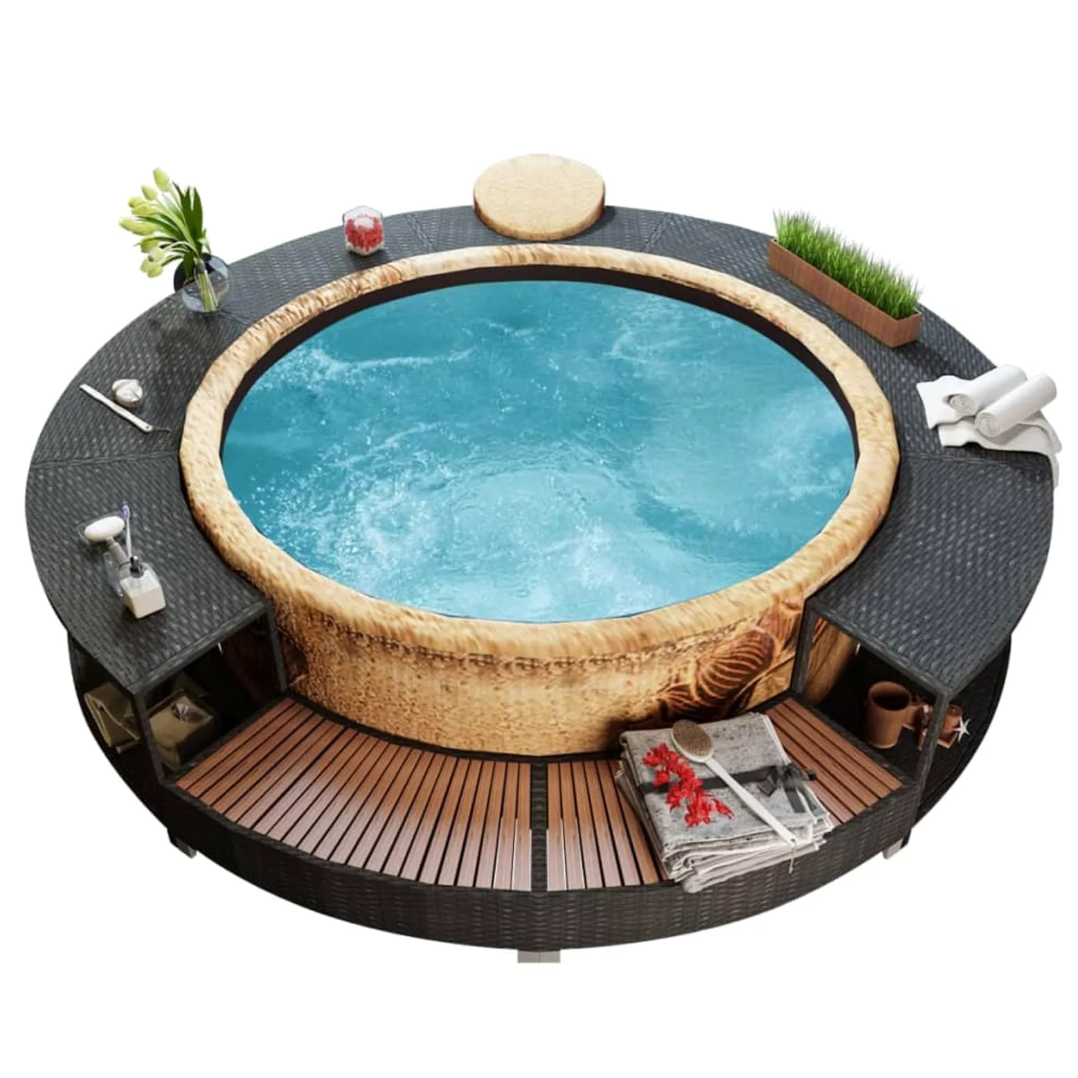 ARKEM Revestimiento de bañera de hidromasaje de ratán sintético Negro Borde de Piscina, para Piscinas, Bañera, Hidromasaje, con Escalones y Almacenamiento