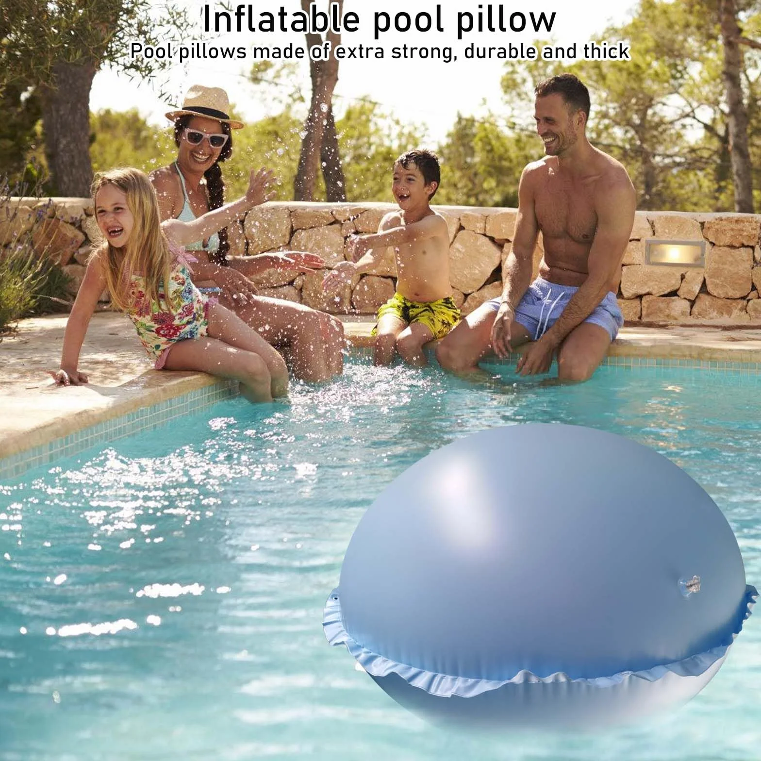 Vaileal Cojín de aire para piscina, XXL, 120 x 120 cm, cojín de piscina de invierno, azul cielo, redondo, cojín de aire para piscina con cuerda de 15 m, reutilizable, cojín de aire de invierno,