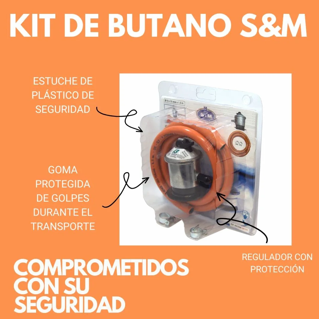 S&M 321771 - Kit completo butano: Regulador de gas butano + Tubo Goma 1,5 metros + 2 abrazaderas de seguridad | Homologado para España | Apto para cocinas, estufas, calderas y barbacoas