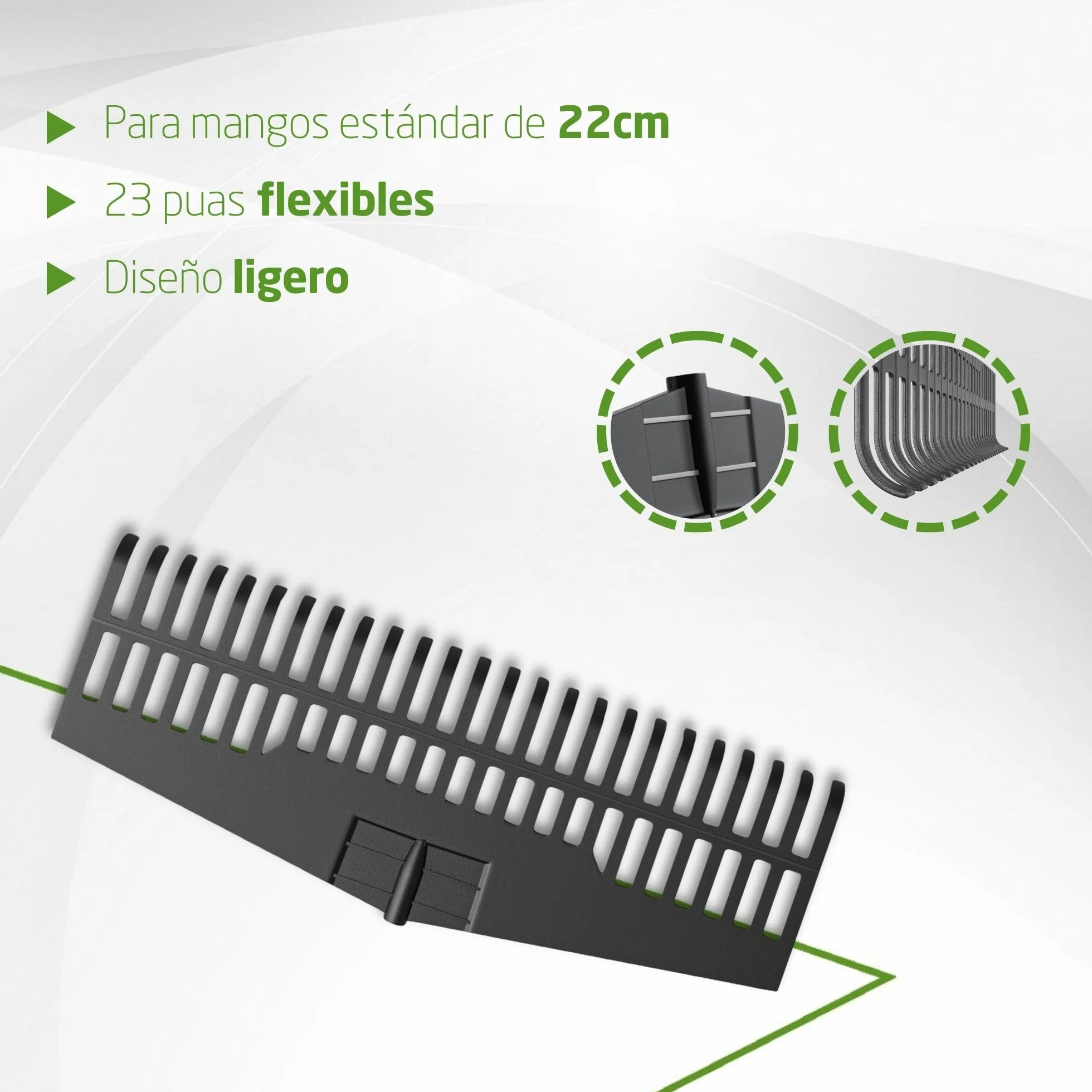 Amig - Rastrillo de Plástico Resistente - Herramienta Ligera para Barrer Hojas y Césped - Recogedor para Jardín y Campo - Púas Flexibles - para Mango Universal de 22mm