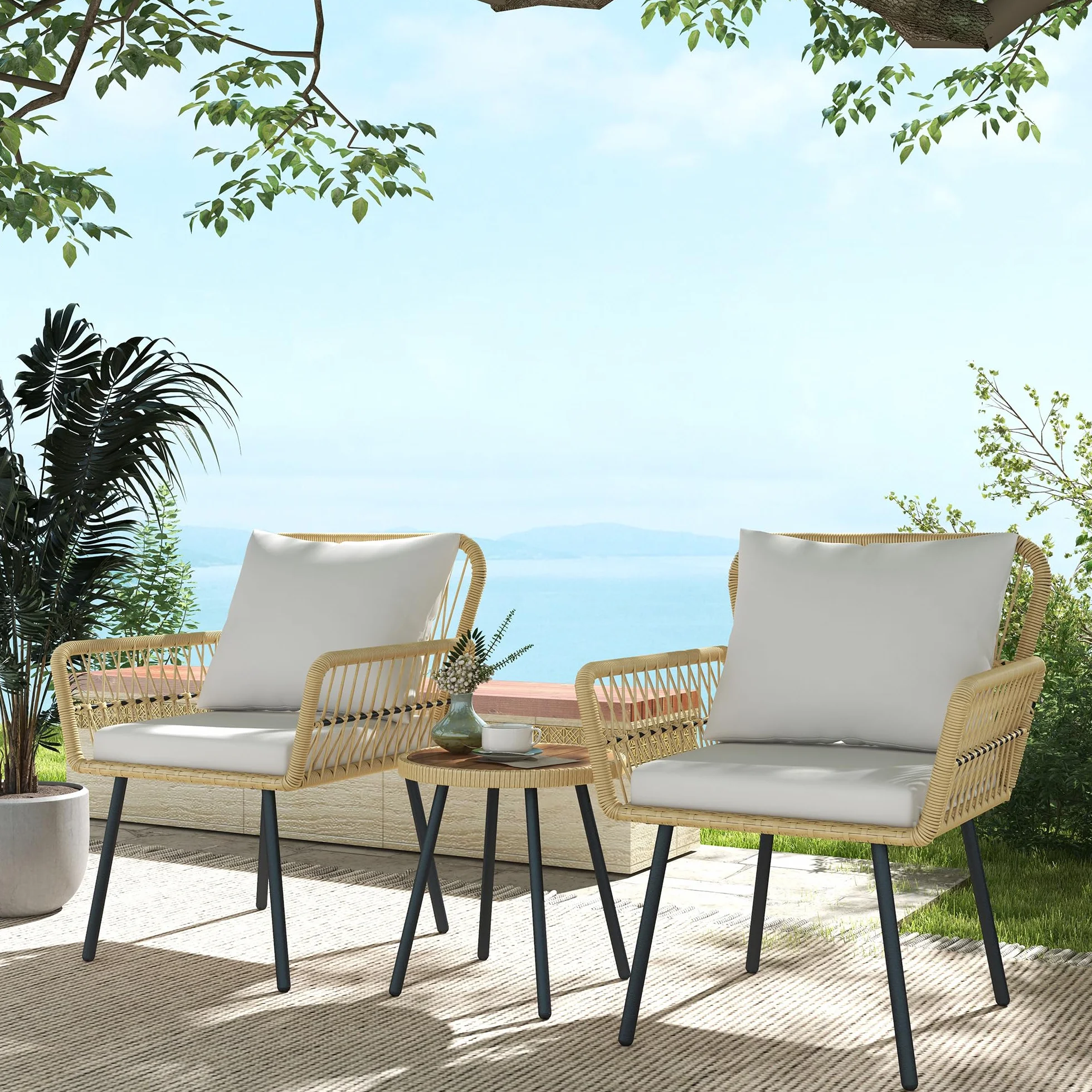 Outsunny Conjunto de Muebles de Jardín Juego de 3 Piezas Sillas y Mesa de Ratán con 2 Sillas 1 Mesa de Centro Redonda y Cojines para Terraza Césped Balcón Natural