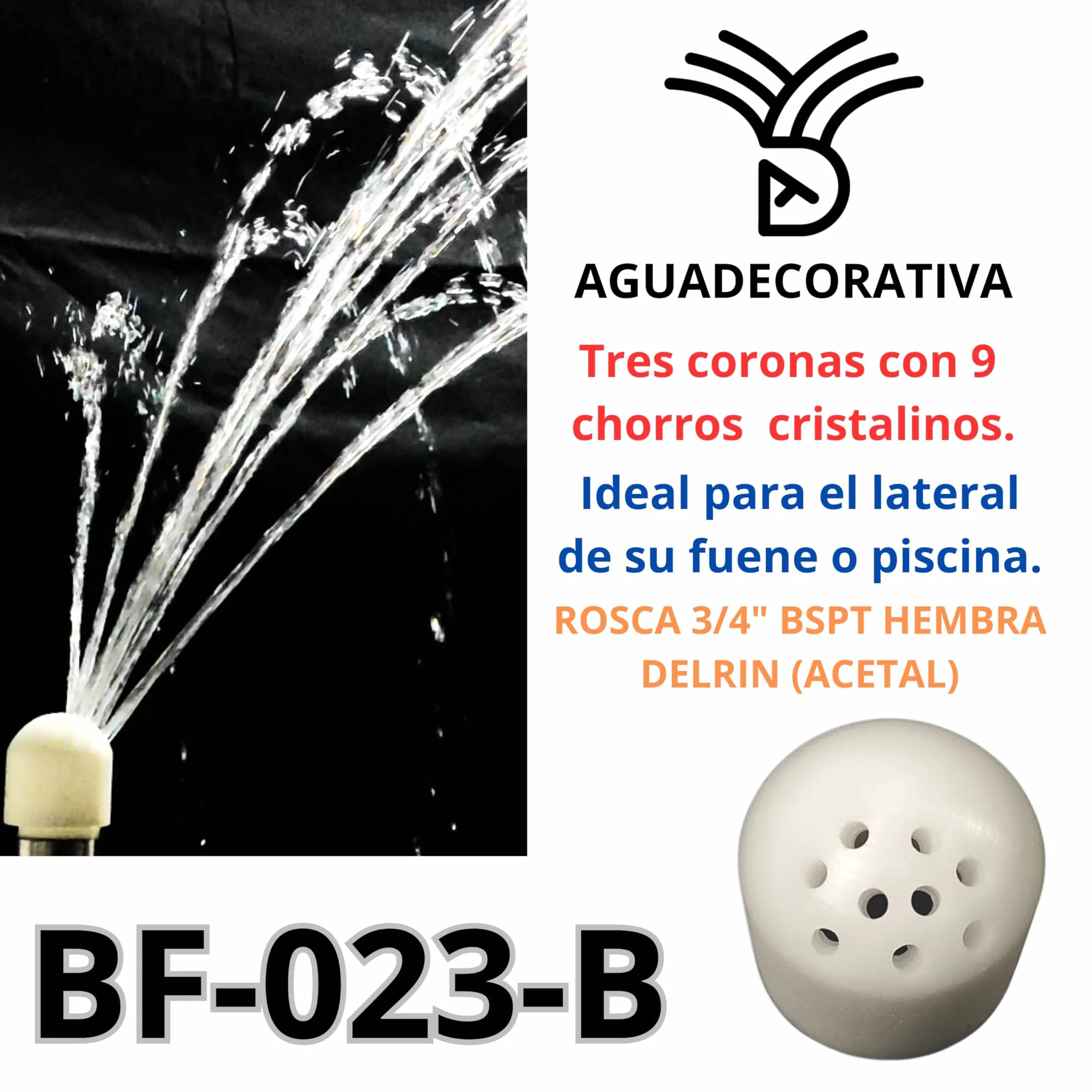 Boquilla para Fuentes de Jardín de Chorros Cristalinos Laterales Arco Iris 3/4" Bspt Hembra Toberas Caños Tobera Ornamental (BF-023-B)