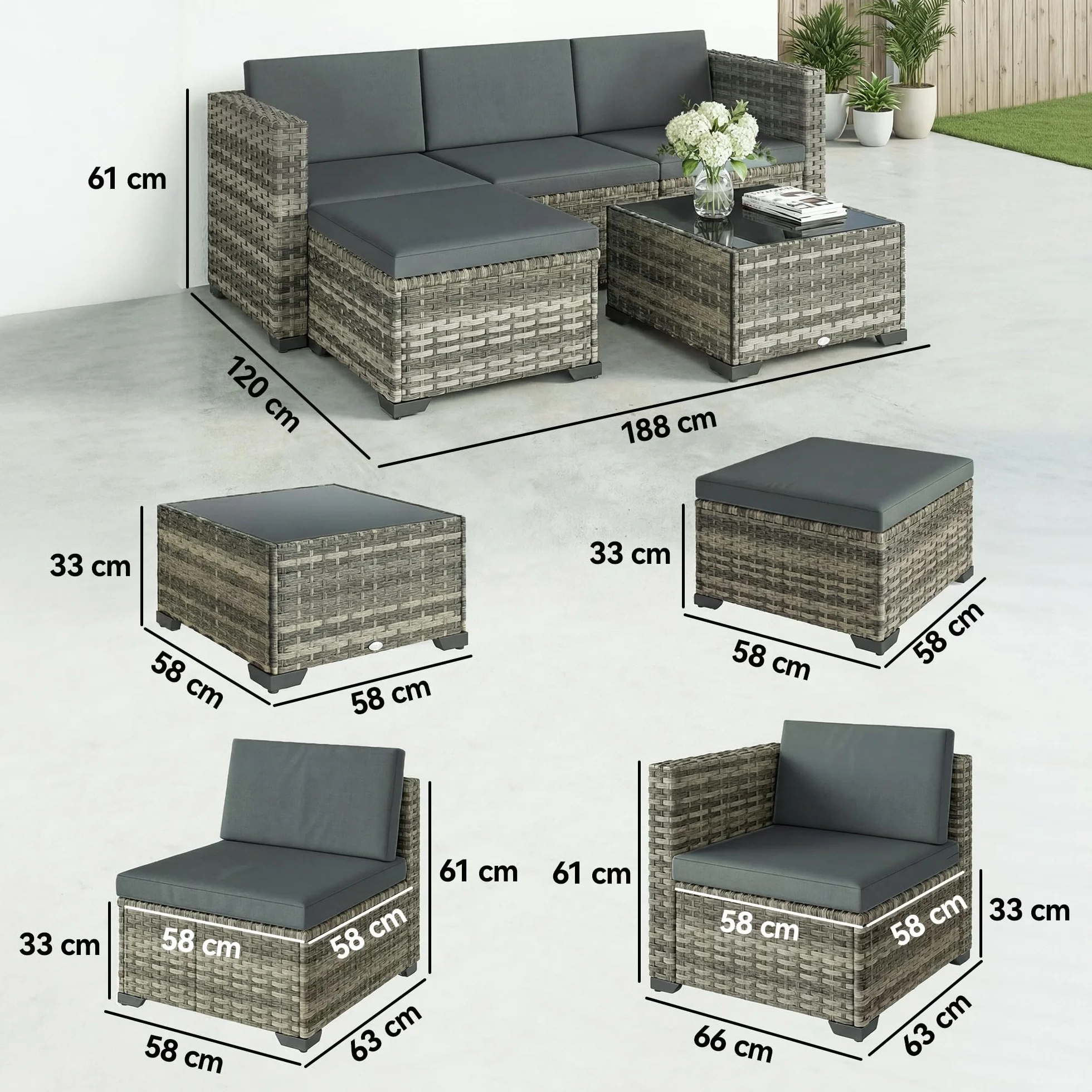 Outsunny Conjunto de Jardín de Ratán de 5 Piezas, Conjunto Terraza Resistente, Muebles Jardín Exterior Incluye Cojines, 2 Sillones de Esquina, Sillón sin Brazos, Reposapiés y Mesa Centro, Gris Oscuro