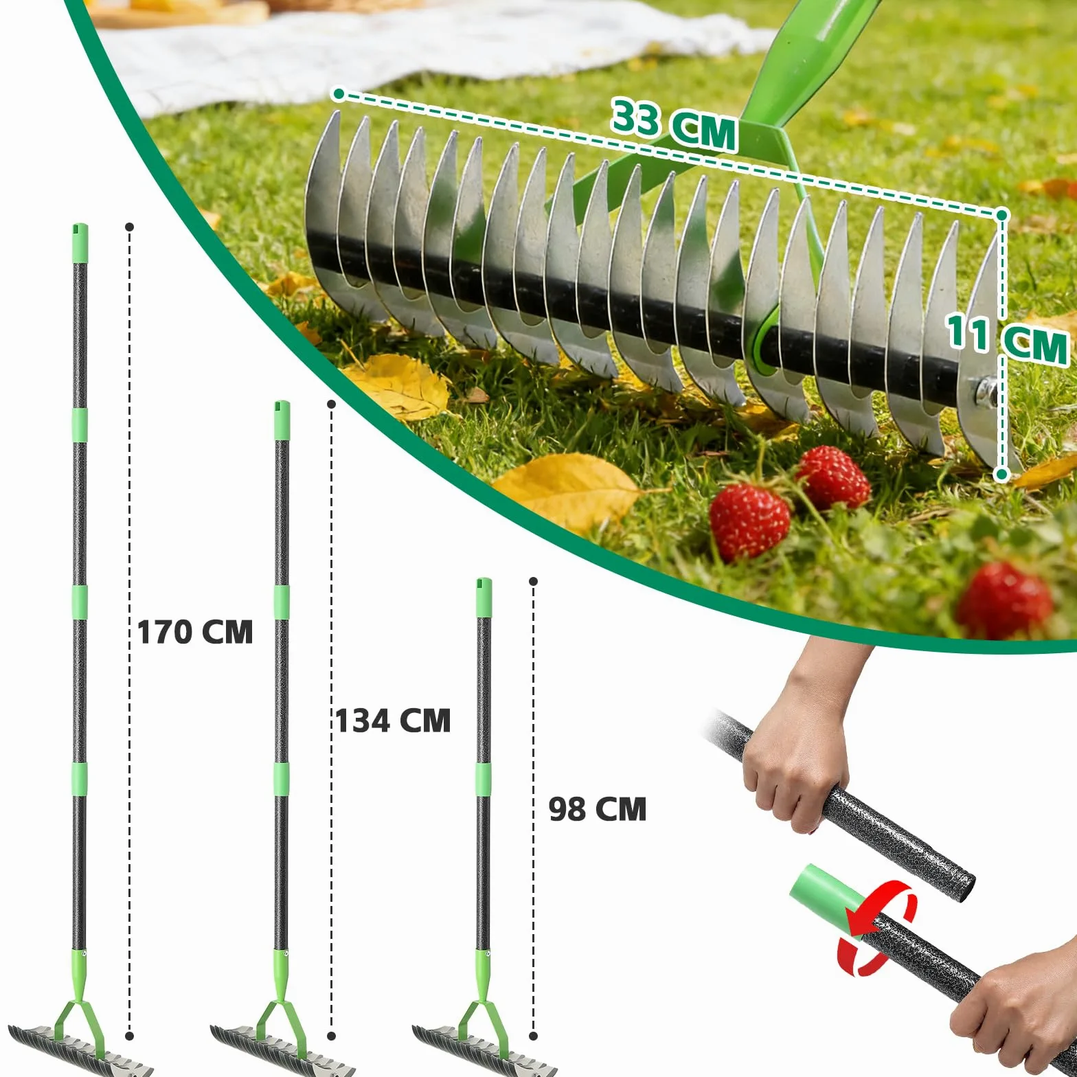 Rastrillo de paja para césped de 175 cm para limpieza de jardín, 21 dientes de ancho de 33 cm, rastrillos de metal de acero, herramientas de jardín para el cuidado del césped, aflojamiento del suelo