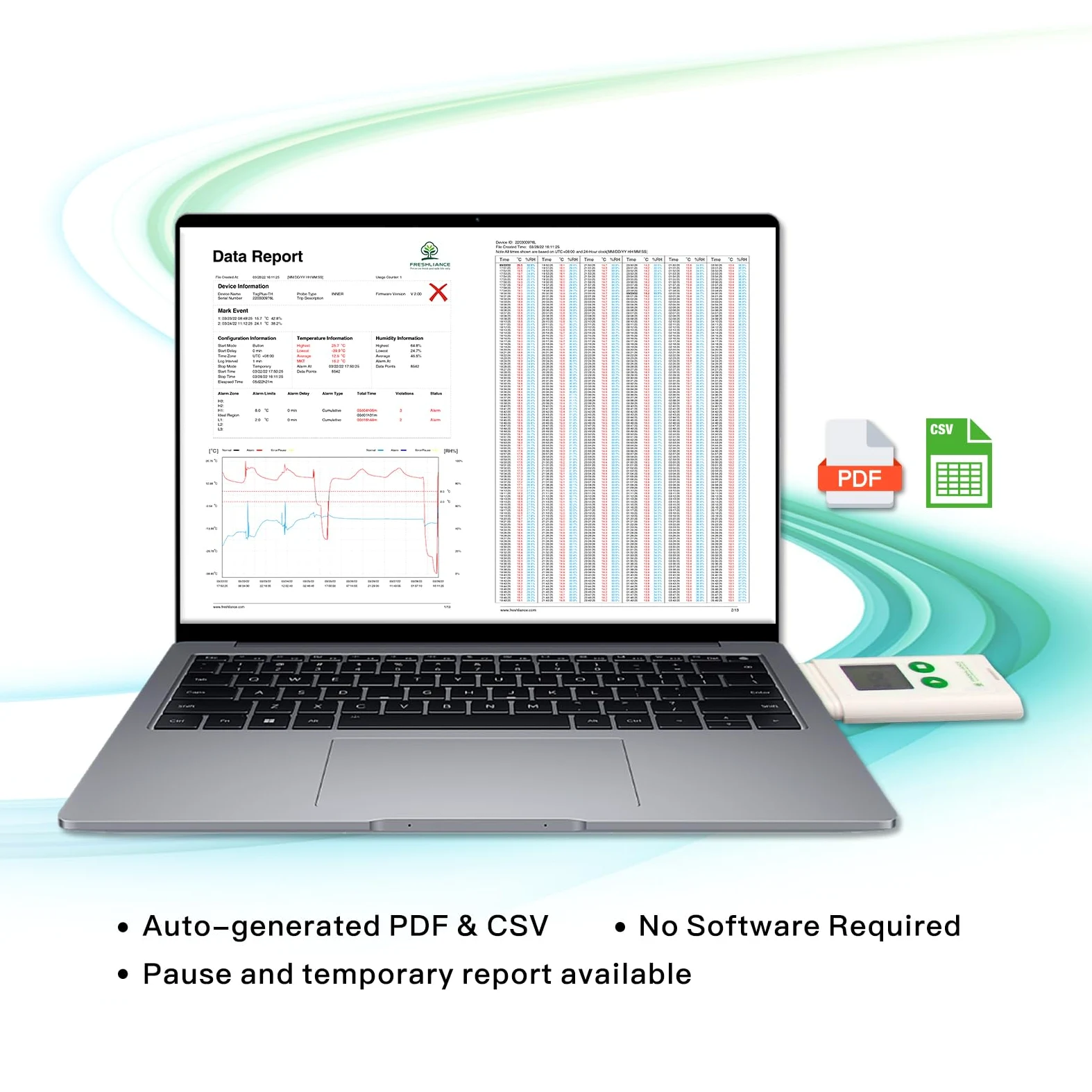 Freshliance - Registrador de datos de temperatura y humedad, grabadora de humedad de temperatura reutilizable por USB con informe PDF CSV, termómetro digital para refrigerador y higrómetro para 35000