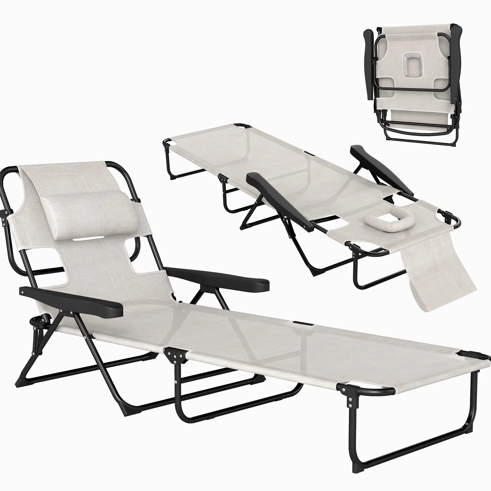 Outsunny Tumbona Plegable, Tumbona Jardín Exterior con Respaldo Ajustable en 4 Posiciones, Orificio de Lectura, Reposacabezas y Brazos, Carga 120 kg, para Terraza, Piscina, 145x72x89 cm, Crema