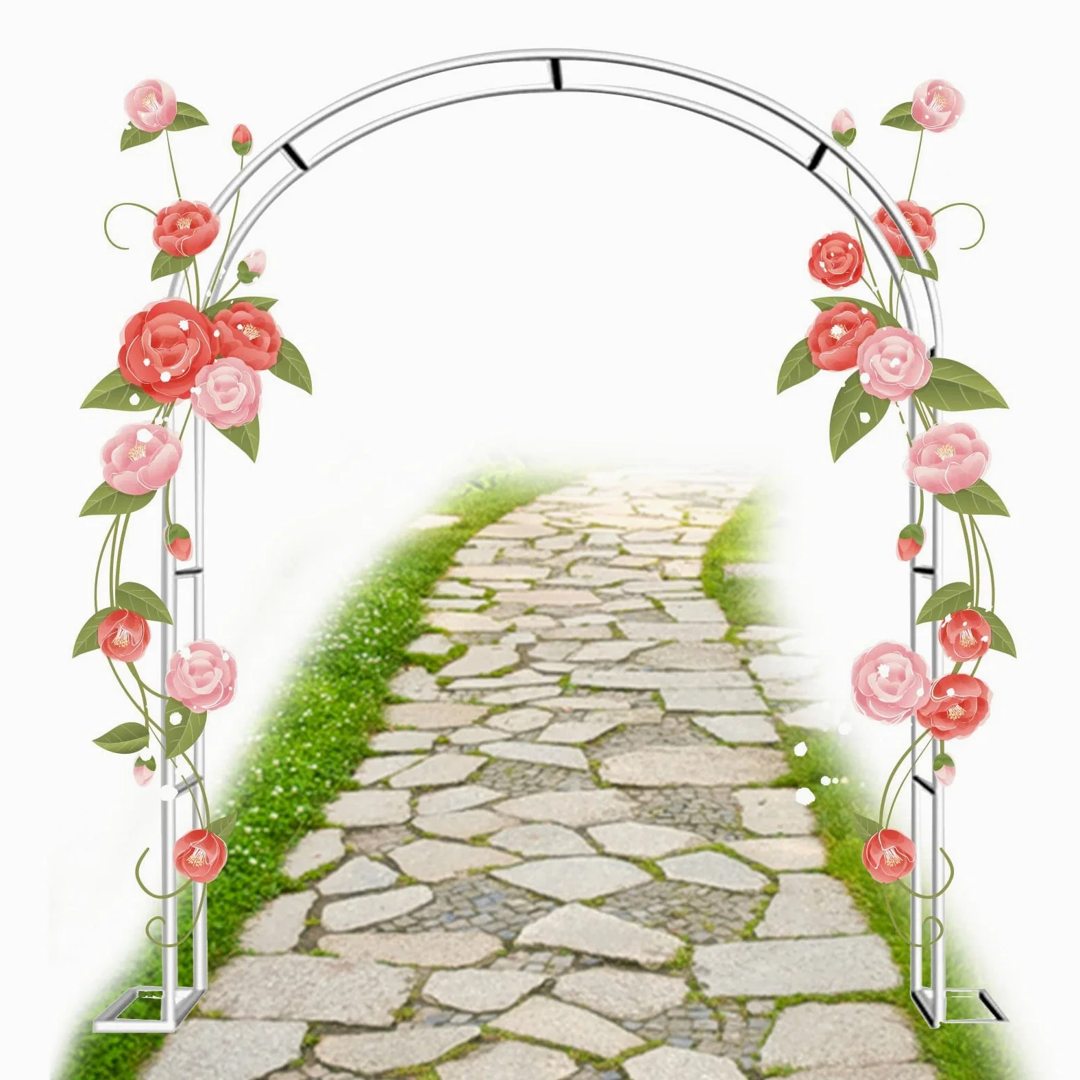 Arco metálico para jardín, arco para plantas trepadoras con soporte para rosales tuberosos resistente a la intemperie, ideal para pérgolas y cenadores exteriores. Incluye tubo de 19 mm. Color blanco.