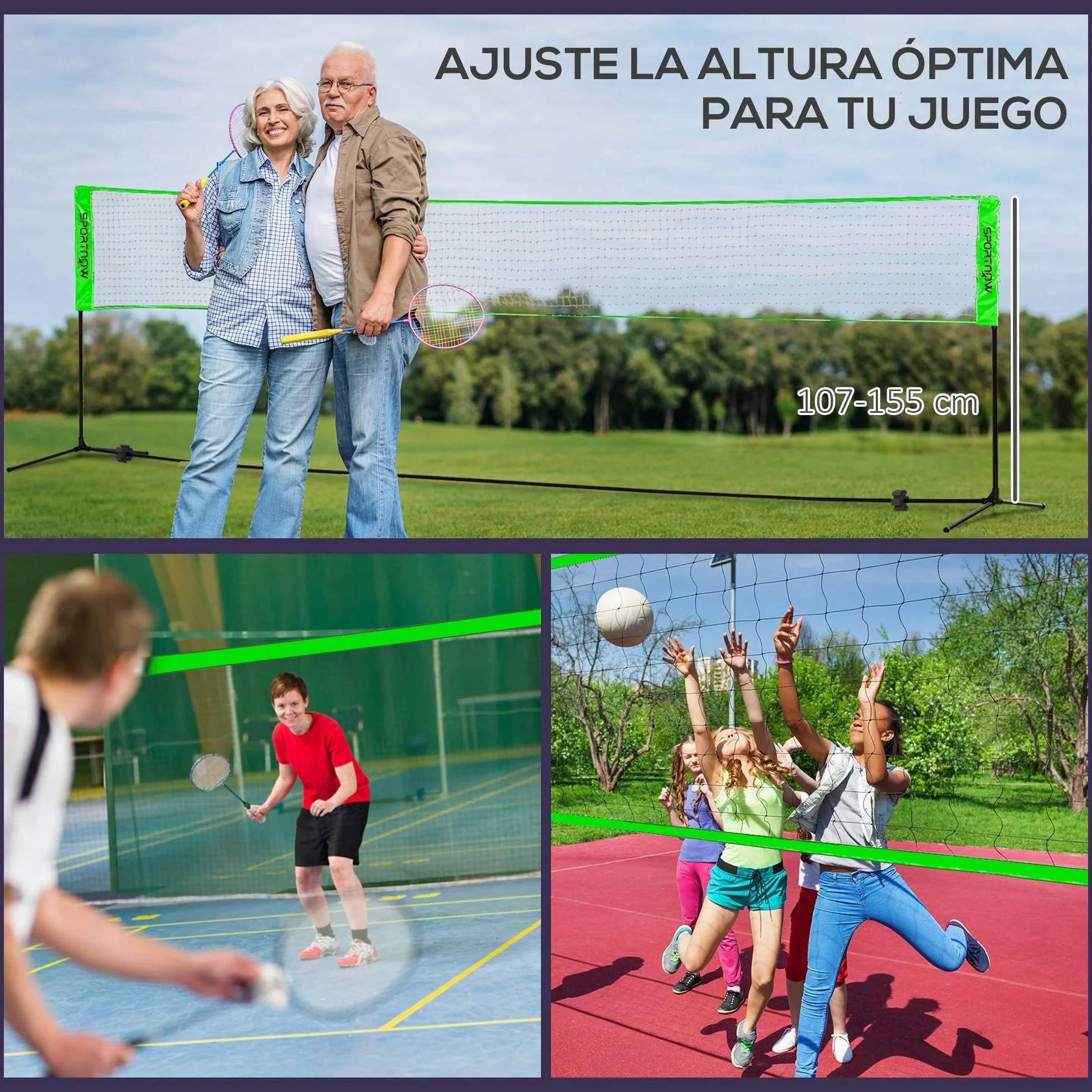 SPORTNOW Set de Bádminton 7 Piezas con 2 Raquetas, 3 Volantes, 2 Raquetas de Pickleball, 2 Pelotas y Red Negro y Verde