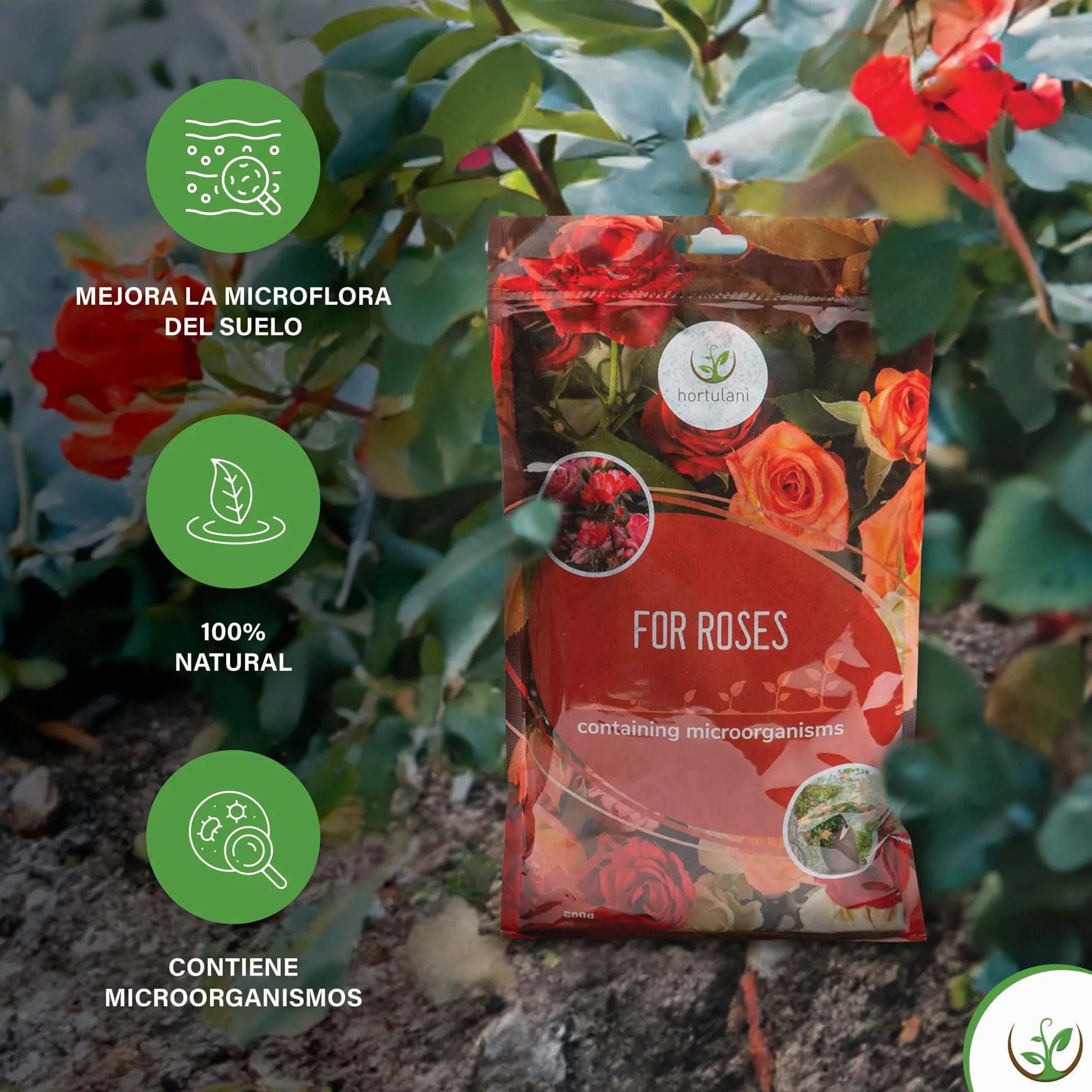 Fertilizante Microbiológico Hortulani para Rosales - con Potentes Microorganismos para Jardines en Flor - ¡Transforma tu Suelo, Cultiva el Éxito! (500 g por 5-10 rosas)