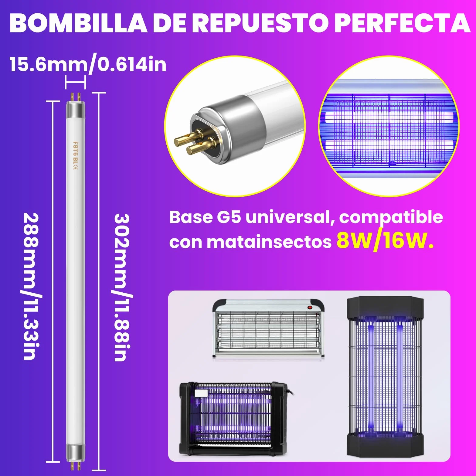 Lustaled FSL BL T5 8W Lámparas de Repuesto para Lampara Antimosquitos, Bombillas de Repuesto, 30.5cm Lámparas UV para 8/16W Lampara Antimosquitos, Mata Mosquitos Electrico (2 Unidades)