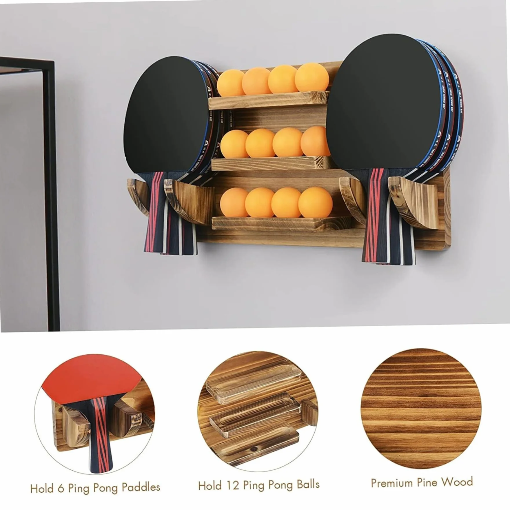 Soporte para paletas de ping-pong, estante de tenis de mesa montado en la pared, capacidad para 6 paletas y 12 pelotas, madera