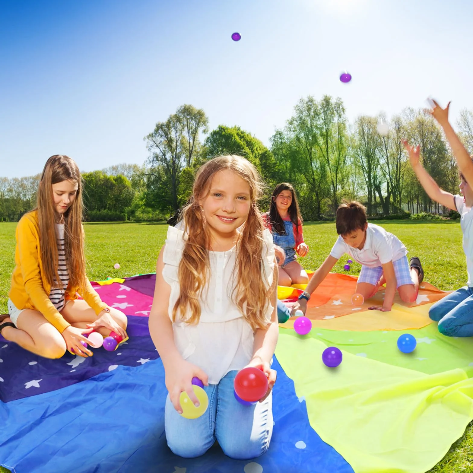 Paracaídas Arcoíris 2.4m con 12 Asas y 12 Bolas para Niños Juego Infantil Actividad Deportiva
