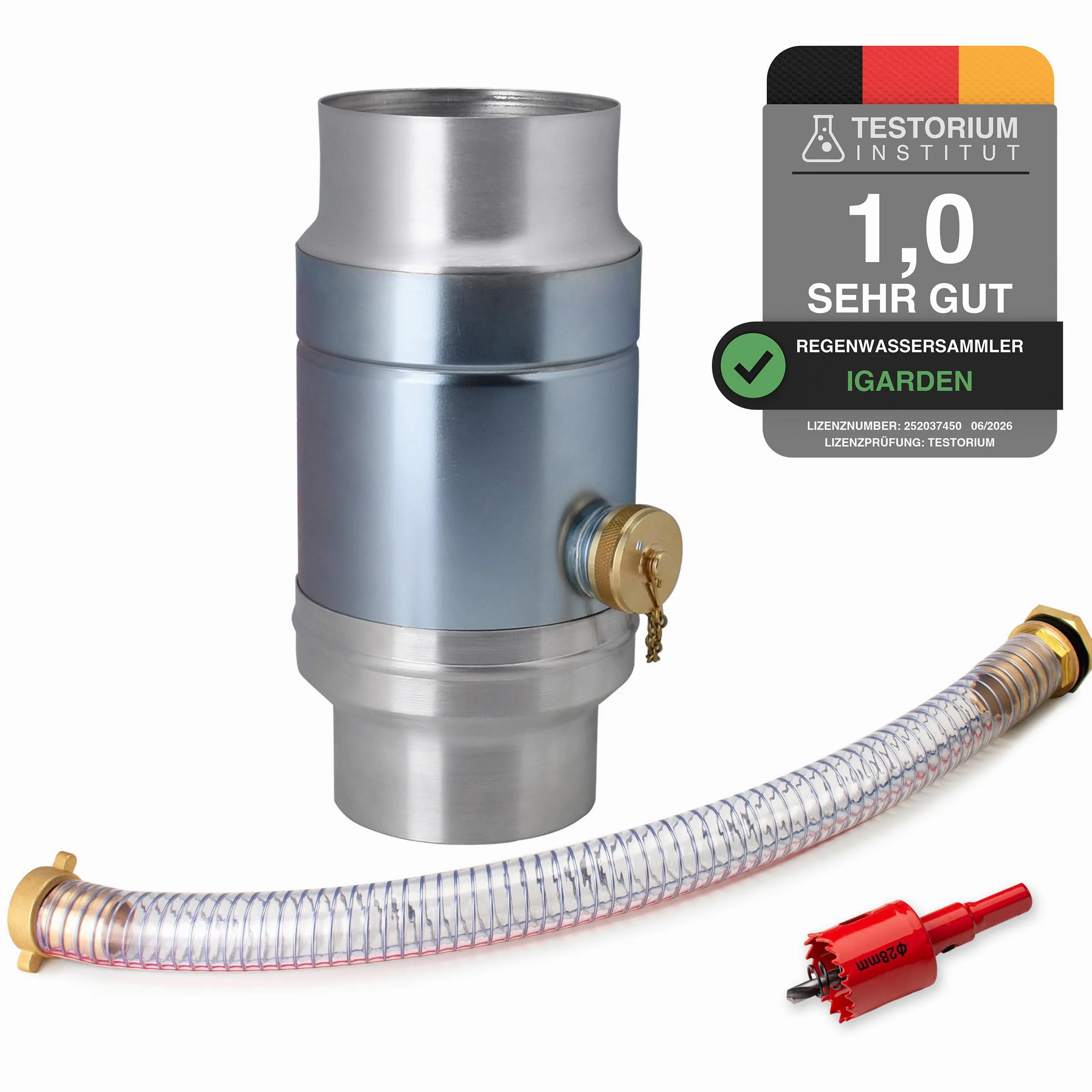 IGarden Colector de agua de lluvia de 100 mm con conector de manguera y barril de 45 cm para el tubo de bajada, chapa de acero galvanizado + colector de lluvia de aluminio de doble pared, colector de